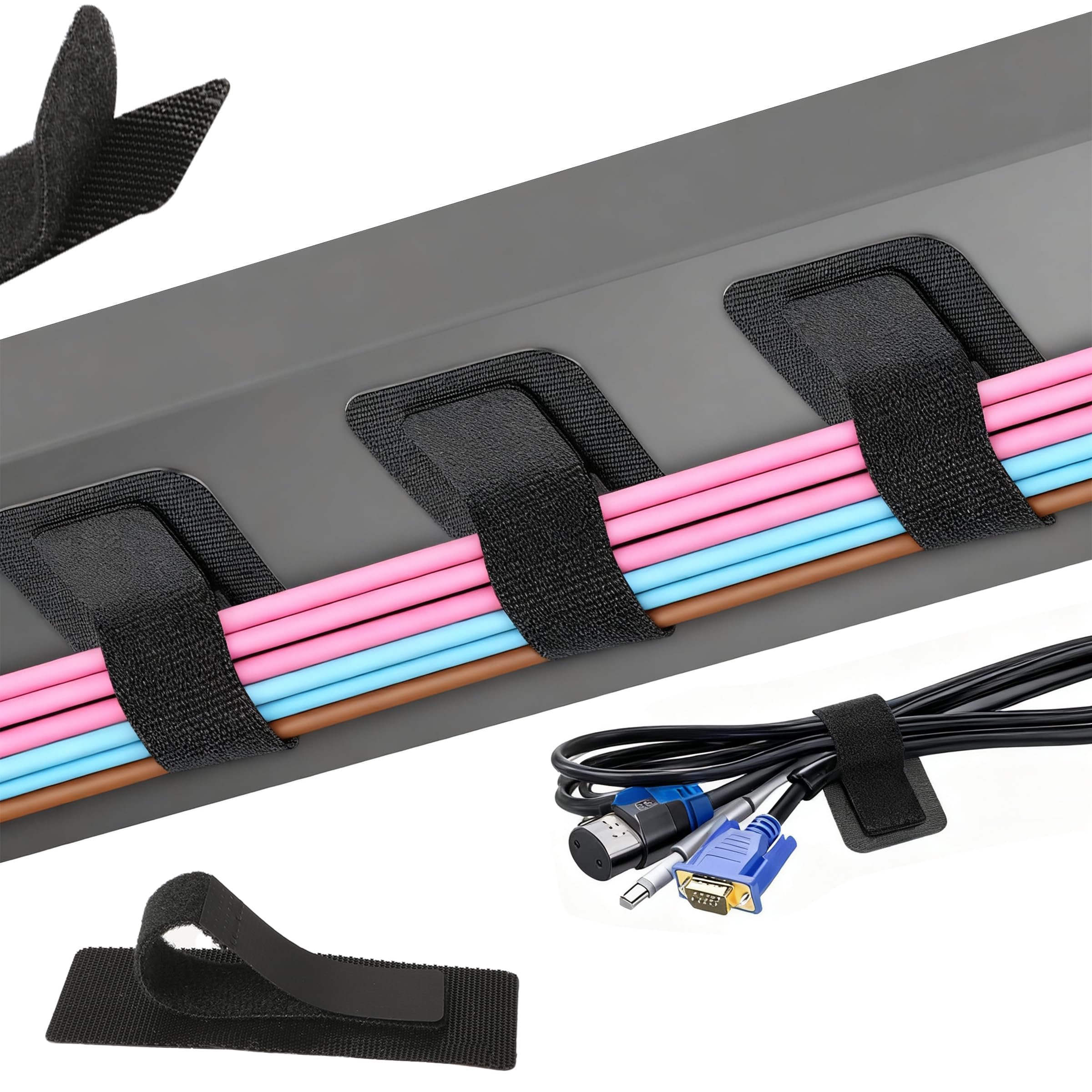 Zhabayen Black Under Desk Cable Management, 41Pcs Cord Management, Hook And Loop Cable Ties, Reusable Ties, Adjustable Desk Tidy Cord Organiser For Car, Home, Office