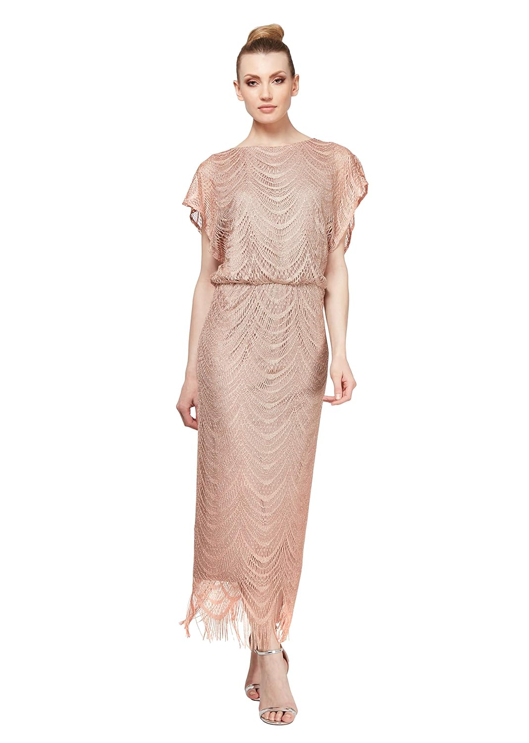 S L Fashions Womens Metallic Crochet Dress with Fringe Hemline