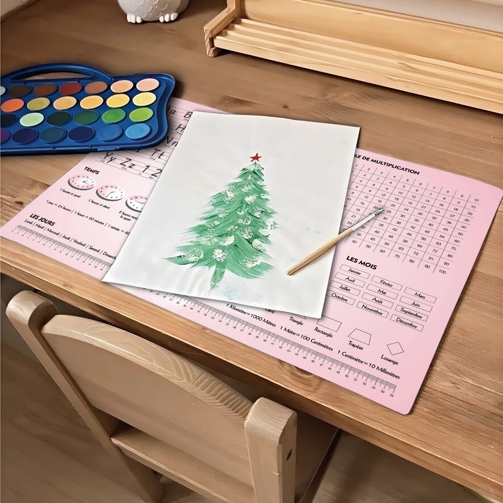 Éducatif Sous-main pour Enfant 40x60cm - Français - Thème Licorne - ABC avec Animaux - 1X1 - Formes - Heures - Tapis de Bureau Imperméable - Cuir PU Double Face effaçable facile à Nettoyer