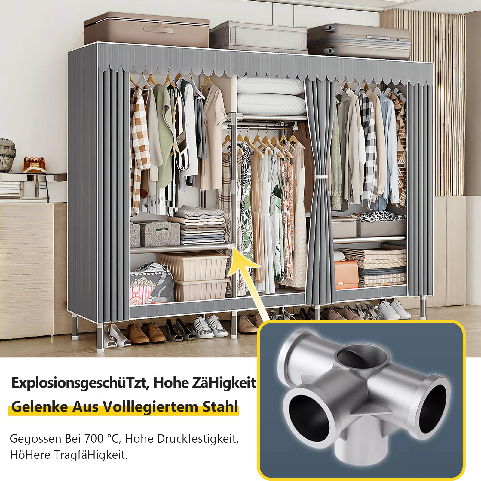 Kleiderschrank Stoffschrank Stabil, Stoff Faltschrank Für Schlafzimmer Mit Kleiderstange & Ablagen, Ankleidezimmer Garderobe Mit Kleiderständer 126x46x173cm Graue Streifen