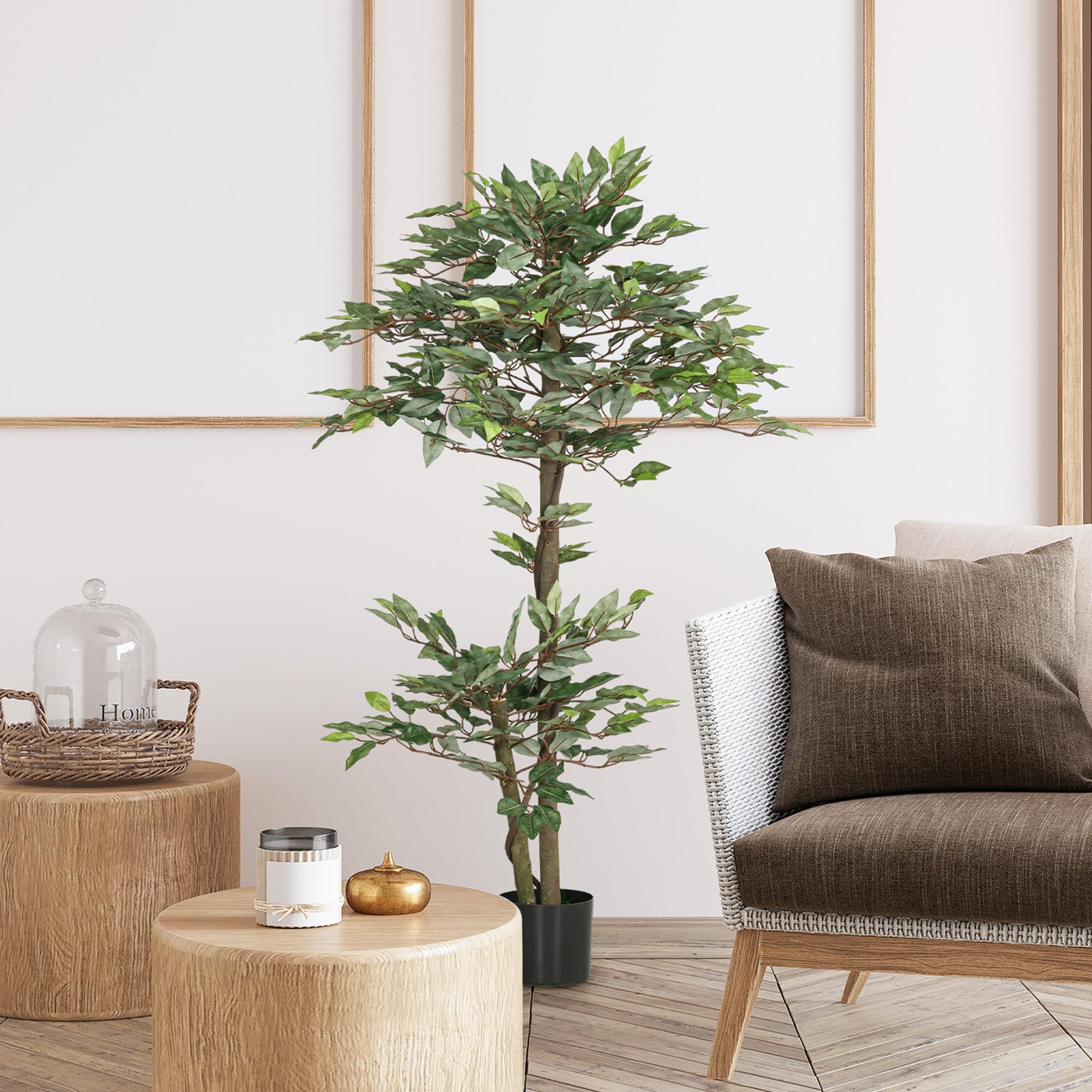 Outsunny Arbre Artificiel Ficus Hauteur 1,5 m Grand Réalisme Pot Inclus | Plante Artificiel, Tronc, Branches, Liane, Lichen, Feuilles