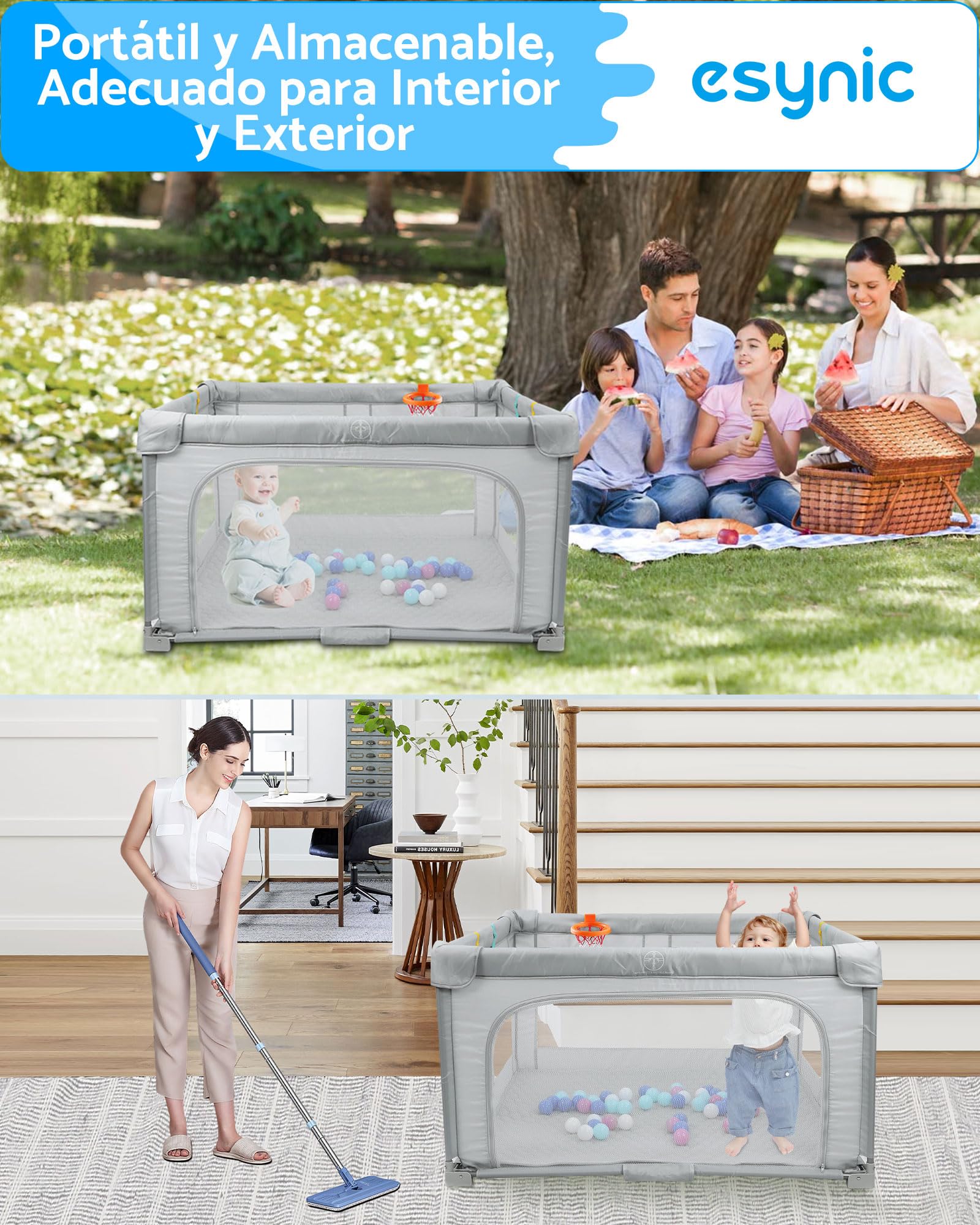 eSynic Corralito Bebé Portátil 127x127cm, Parque Infantil Plegable con Alfombrilla + 50 Bolas, Canasta Baloncesto, Malla Transpirable, 4 Agarraderas y Bolsa Transporte - Juegos Seguros para Bebés