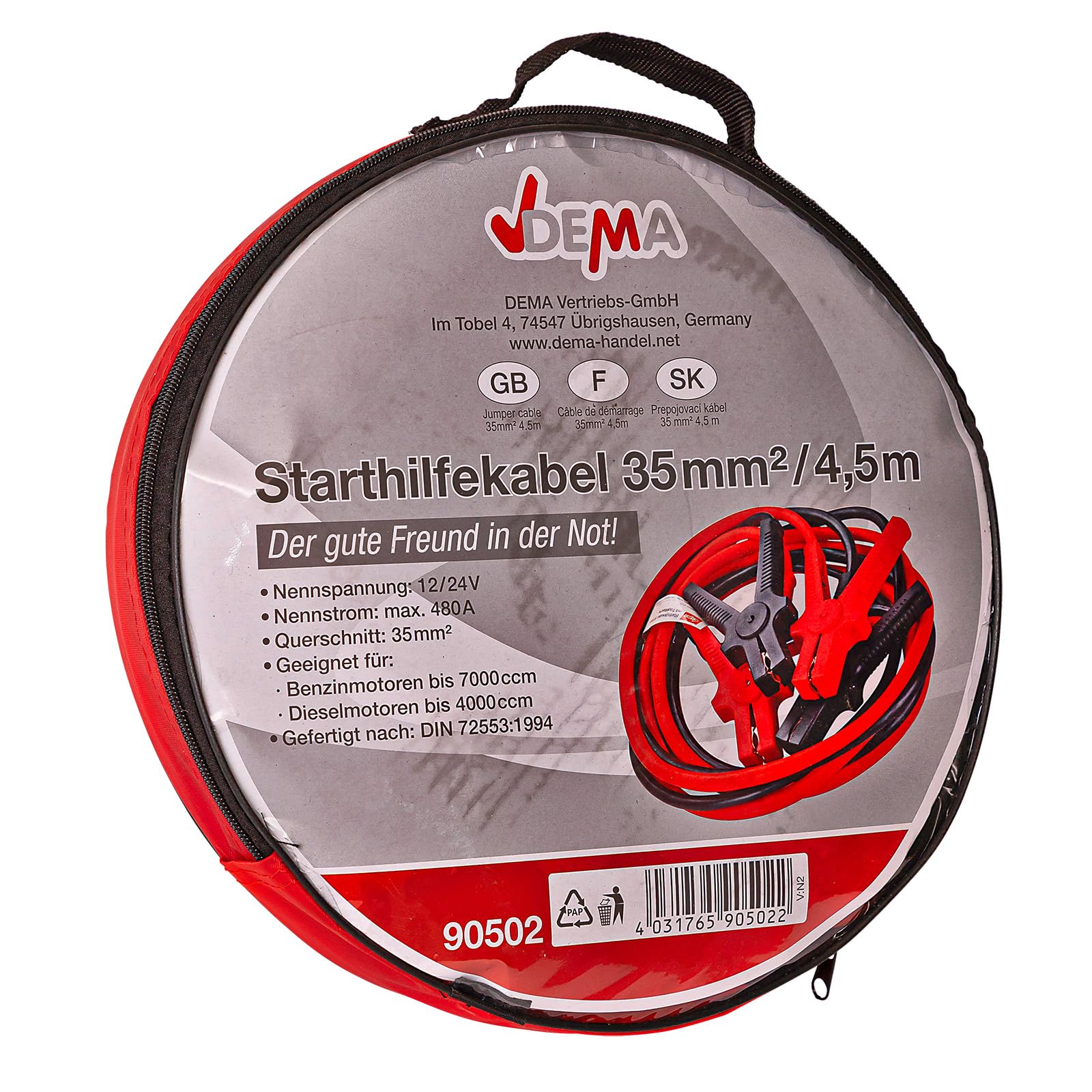DEMA Starthilfekabel 35 mm² / 4,5 m – Überbrückungskabel, Starterkabel – robust, langlebig, sicher – für KFZ, PKW, Auto, Starthilfe, Werkstatt, Pannenhilfe, Batterie
