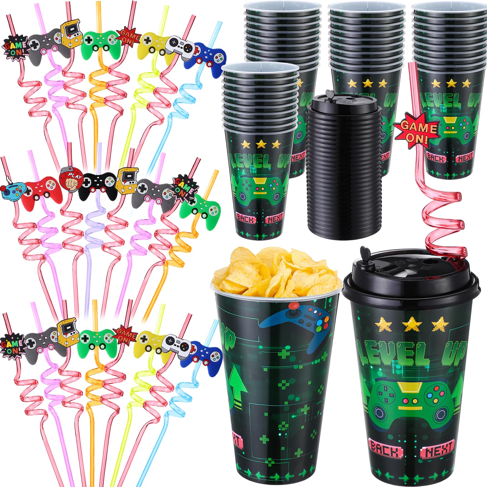 Maxcheck 24 Sets 16 oz Video Game themed Cups Birthday Party Favors with Colorful Lids and Straws for Birthday Decorations Rainbow Plastic Cups
