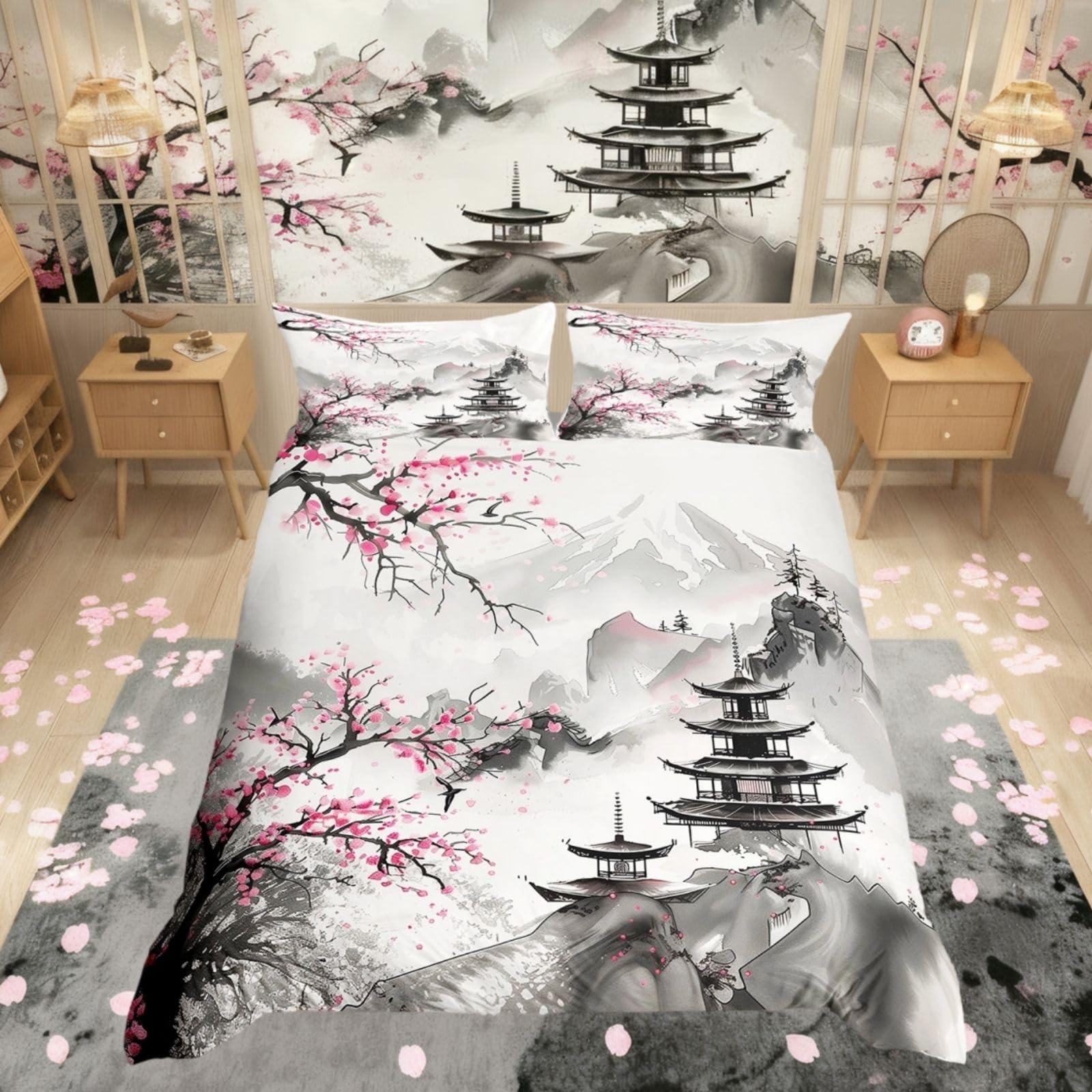 Homewish Vintage Oriental Chinese Duvet Cover Double Size, Japanese Cherry Blossom Bedding Set for Kids Teens Adults, Japanese-Style Floral Quilt Cover, Ink Painting Landscape Print Bed Sets