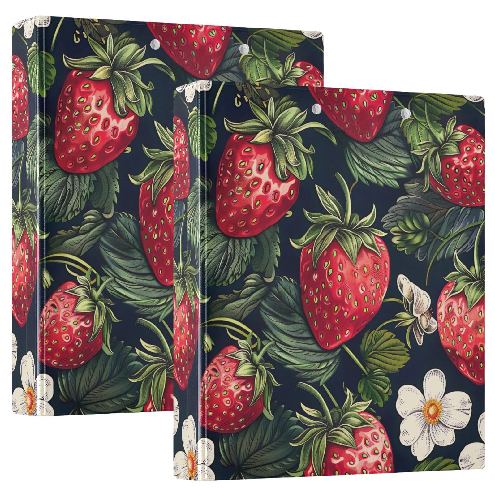 Raccoglitore a 3 anelli, confezione da 2 raccoglitori a D con tasche grandi, motivo fragole rosse e fiori bianchi, per scuola, università, ufficio