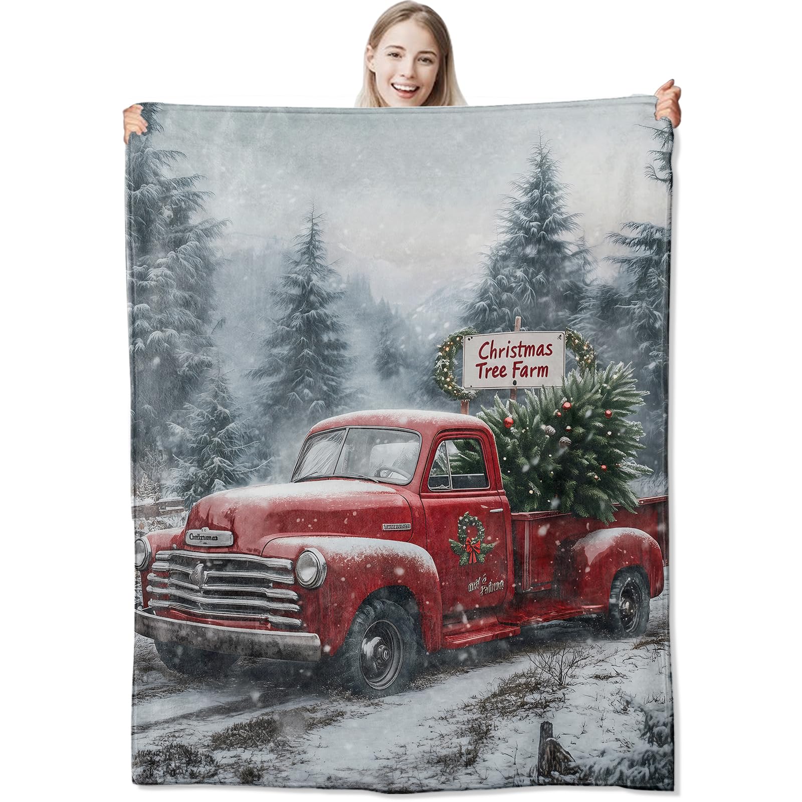CUEBOS Holiday Truck Flannel Throw Blanket 50x60 Inch, Red Vintage Car with Christmas Tree in Snowy Forest Blankets Soft Cozy Fleece Throws for Adults