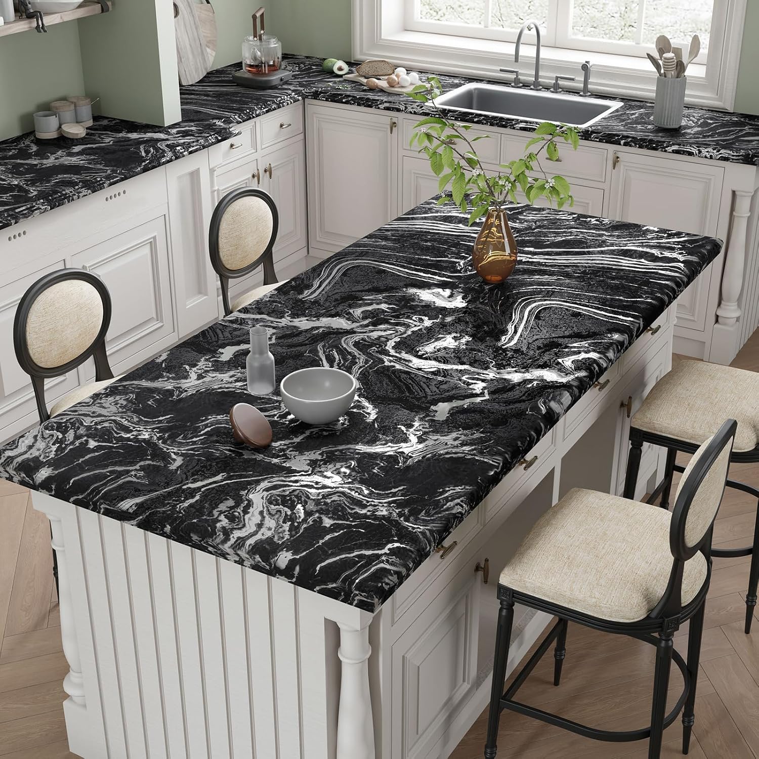 Black and Silver Marble Contact Paper Peel and Stick Matte Liquid Marble Wallpaper for Countertops Waterproof 15.7"x160" Thick Self Adhesive Black Vinyl Countertop Wrap for Kitchen Desk Wall