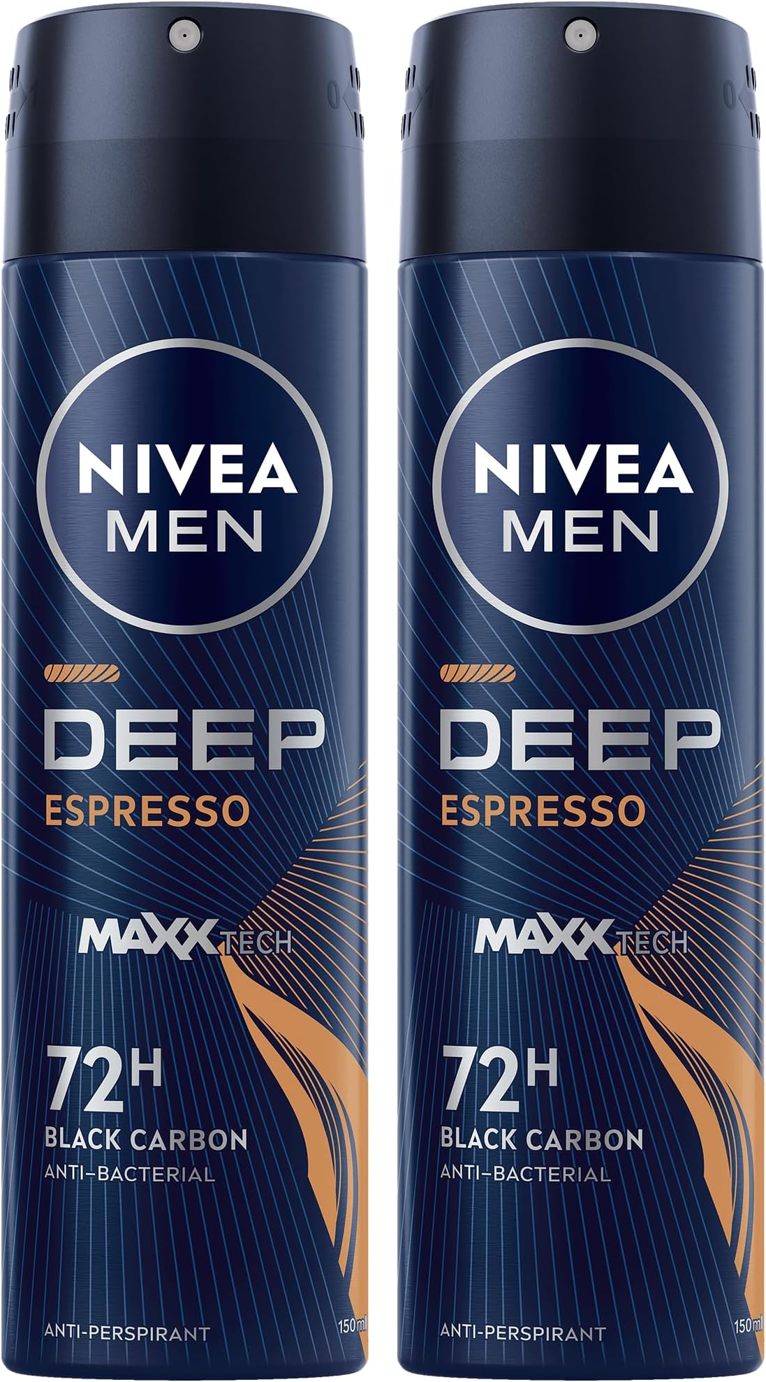 – NIVEA MEN Antiperspirant Spray for Men, 72h Protection, DEEP Black Carbon Antibacterial, Espresso Scent, 2x150ml