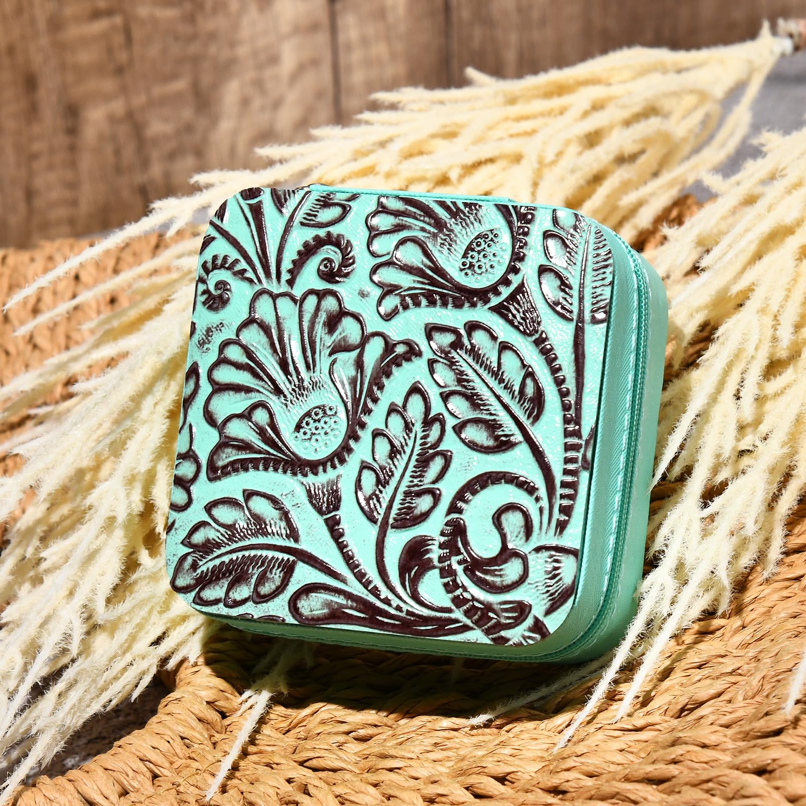 DEEKA Western Jewelry Box Case Prawdziwa skóra turkusowa i brązowa tłoczona biżuteria podróżna organizer prezenty prezenty świąteczne dla kobiet wiejskie dziewczyny kowbojka rzeczy przenośne akcesoria