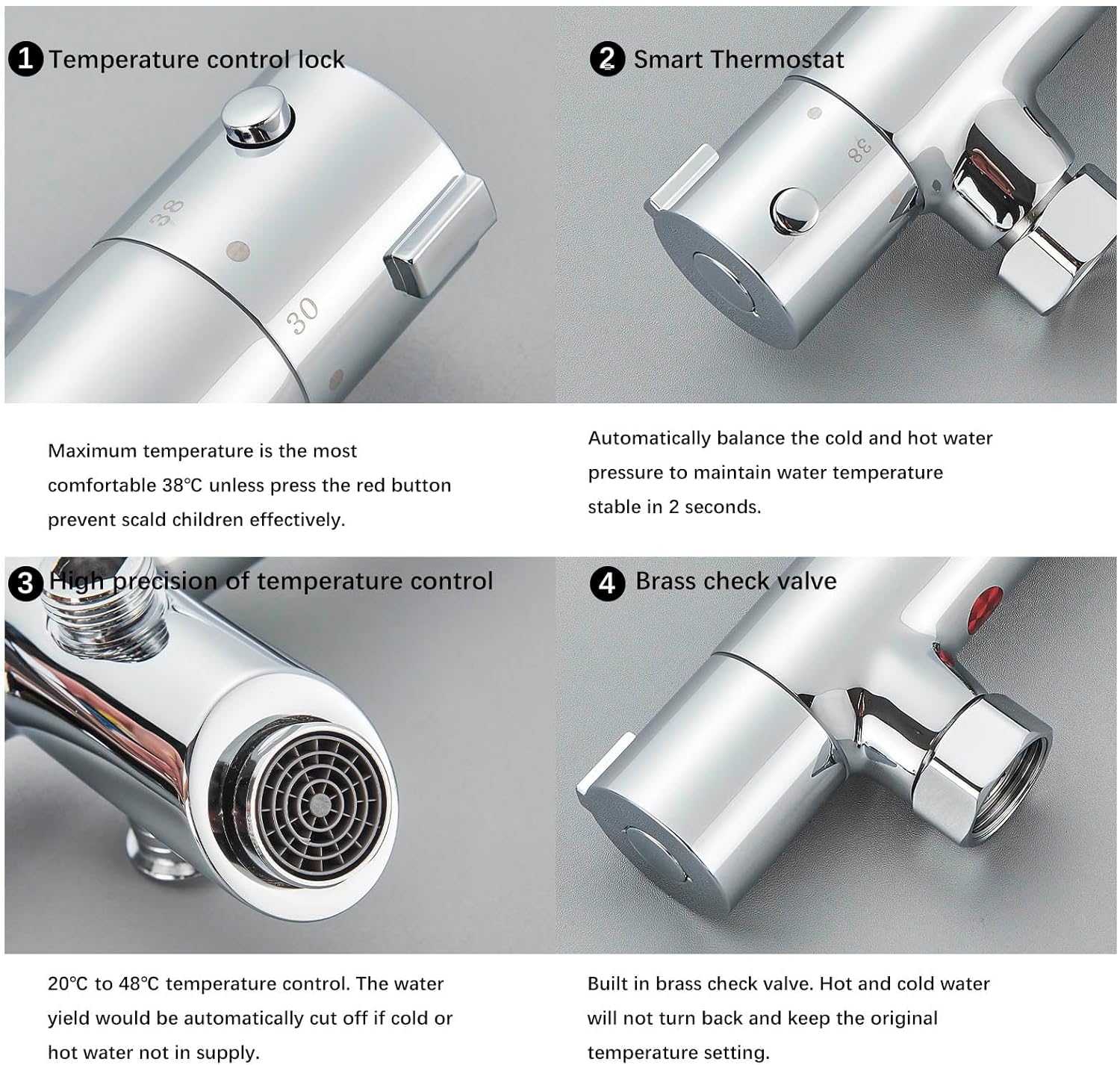 Mitigeur Thermostatique Douche Mitigeur Baignoire Thermostatique en Laiton avec Bouton de Sécurité à 38℃ Robinet Baignoire Douche Mural chrome
