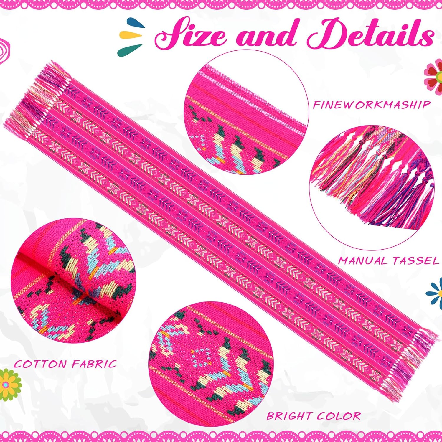 4 Pack Mexican Table Runner 14 x 86 Inch Woven Style Fiesta Theme Party Fringe Cotton Decoration for Day of The Dead Fiesta Cinco De Mayo Party Wedding Table Runner(Pink)