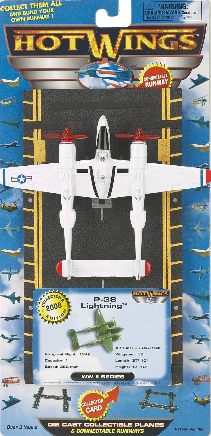 Hot Wings Planes P-38 Jet (Red Tip) with Connectible Runway,White/Red Die Cast Plane in Aviation Museums Nationwide