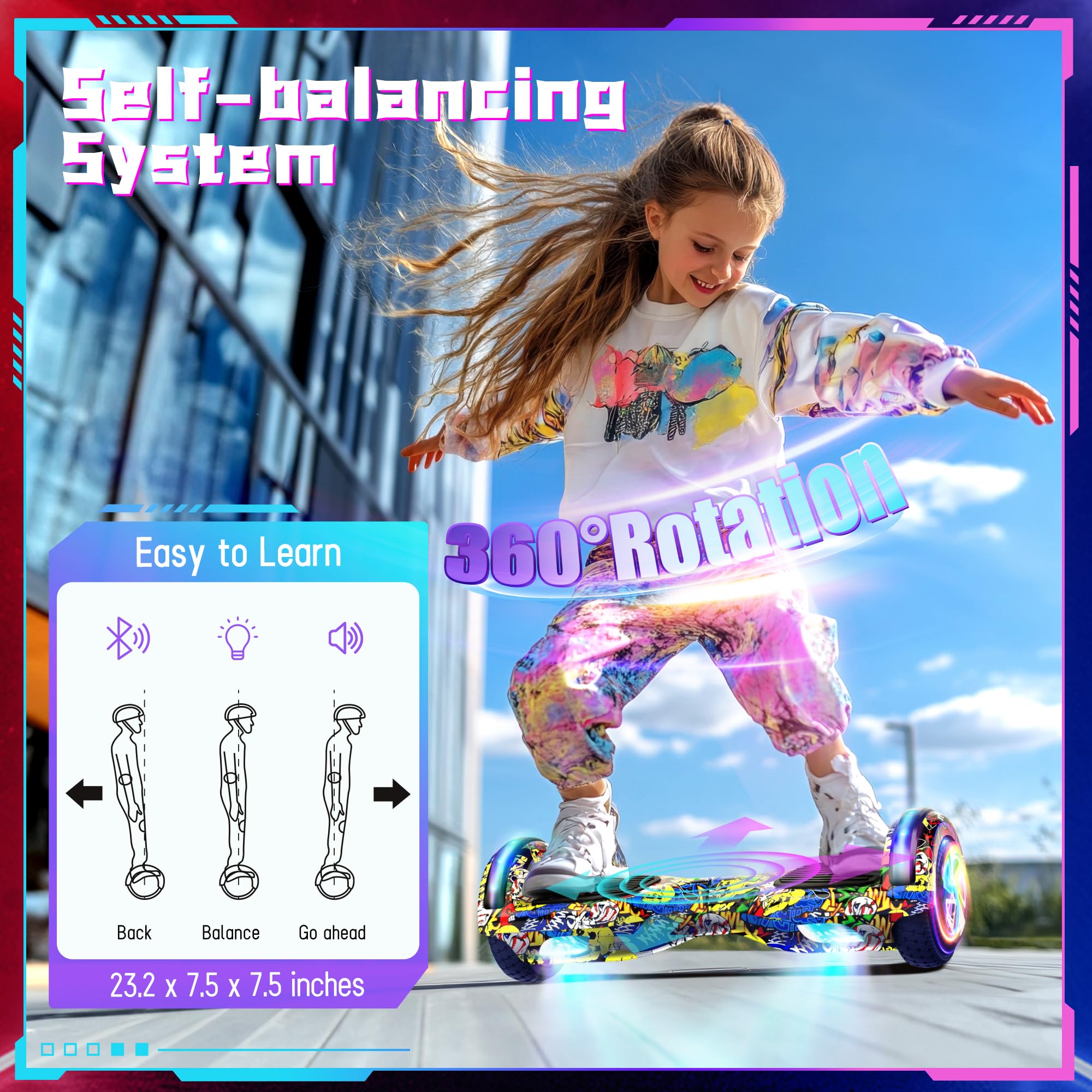 Elektrisches selbstbalancierendes Hoverboard mit 6.5“ Reifen, Dual Motor, Bluetooth Flash Wheel mit LED Licht Selbstbalancierendes Rad Elektro Scooter
