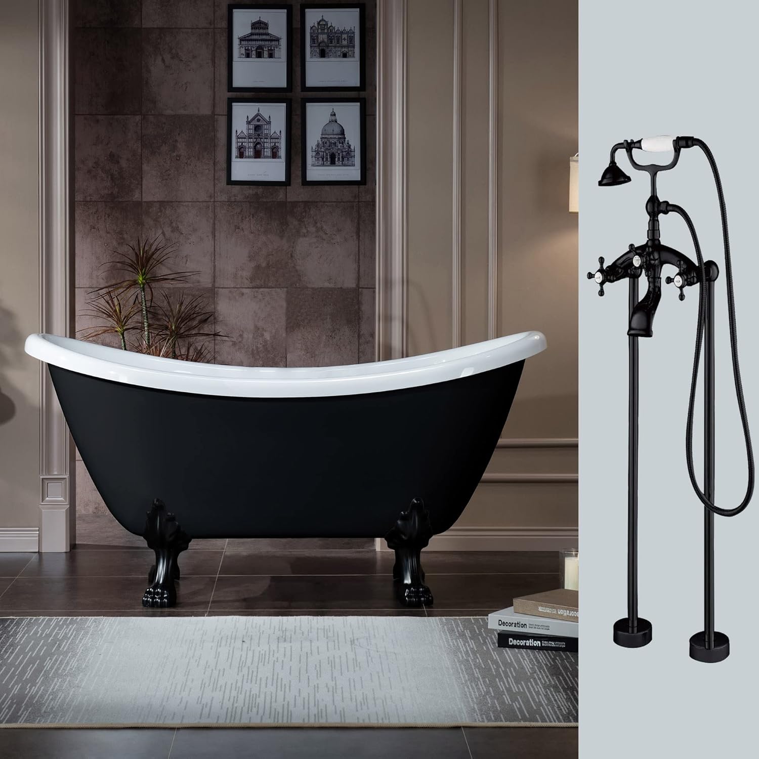 WOODBRIDGE 59" Heavy Duty Acrylic Double Slipper Clawfoot Bath Tub with Matte Black Feet + Drain &Overflow +Matte Black-Faucet