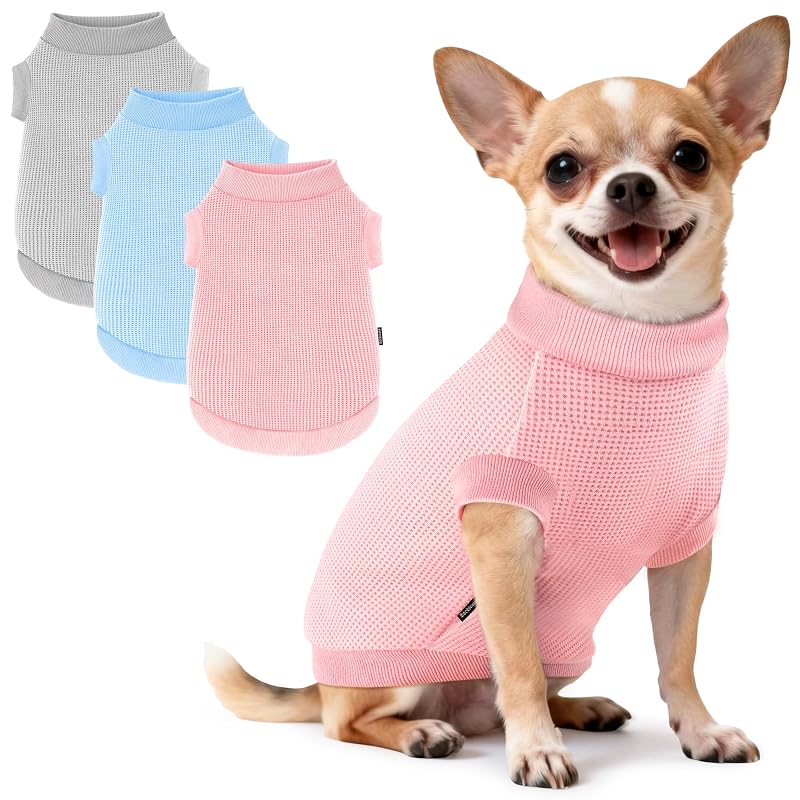 Roupas para Cães Pequenos, Casaco Moletom Waffle Macio BAOBICUTE Cinza, Rosa e Azul, Tamanho XS, Pacote com 3