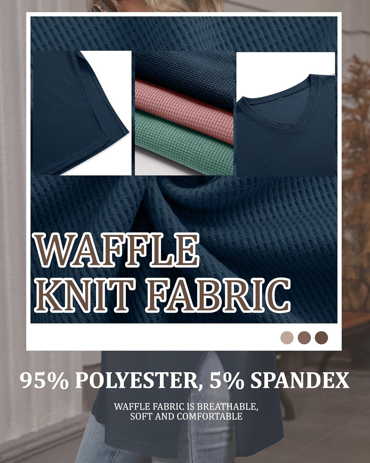 3 Pack Women’s Long Sleeve Waffle Knit Shirts Oversized V Neck Tops Loose Casual Sweatshirt Basic Side Split Tee - Image 5