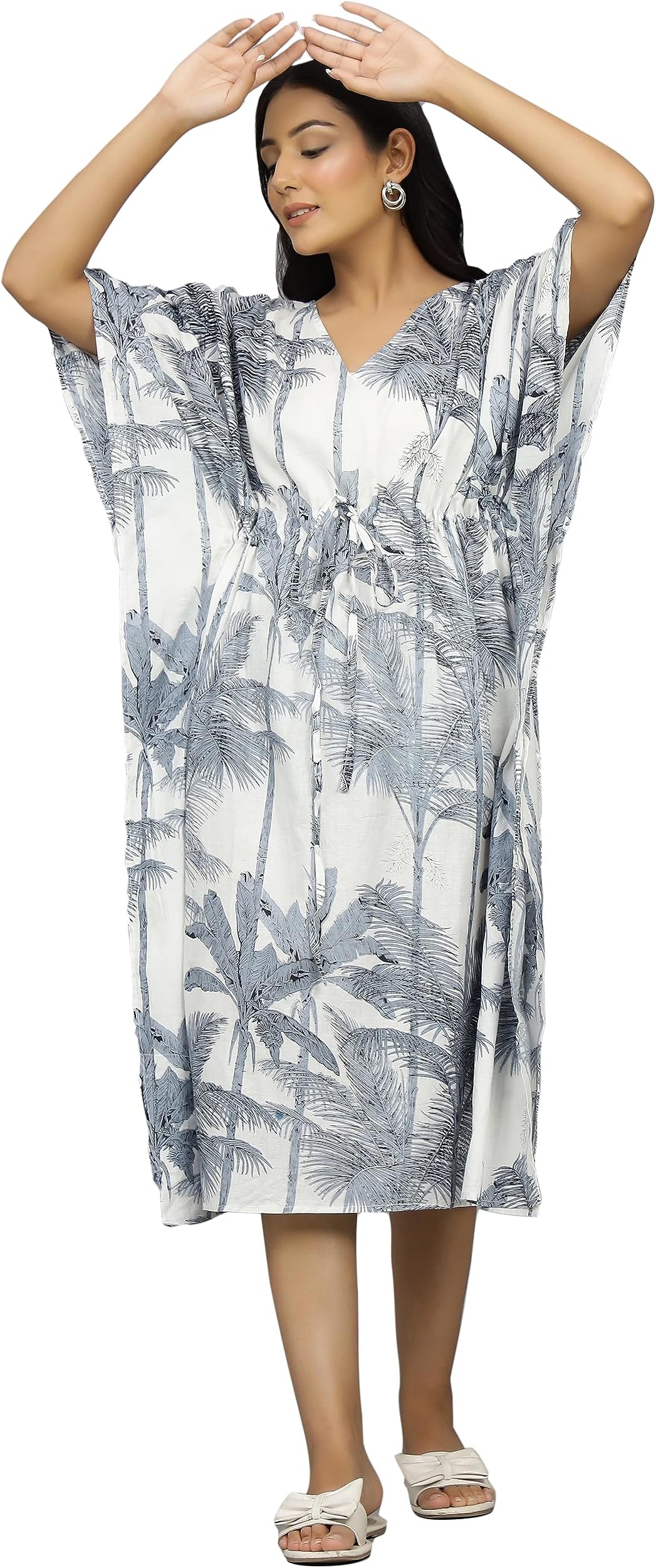 Ravaiyaa Women Printed Cotton V-Neck Knee Length Kaftan Dress Nighty