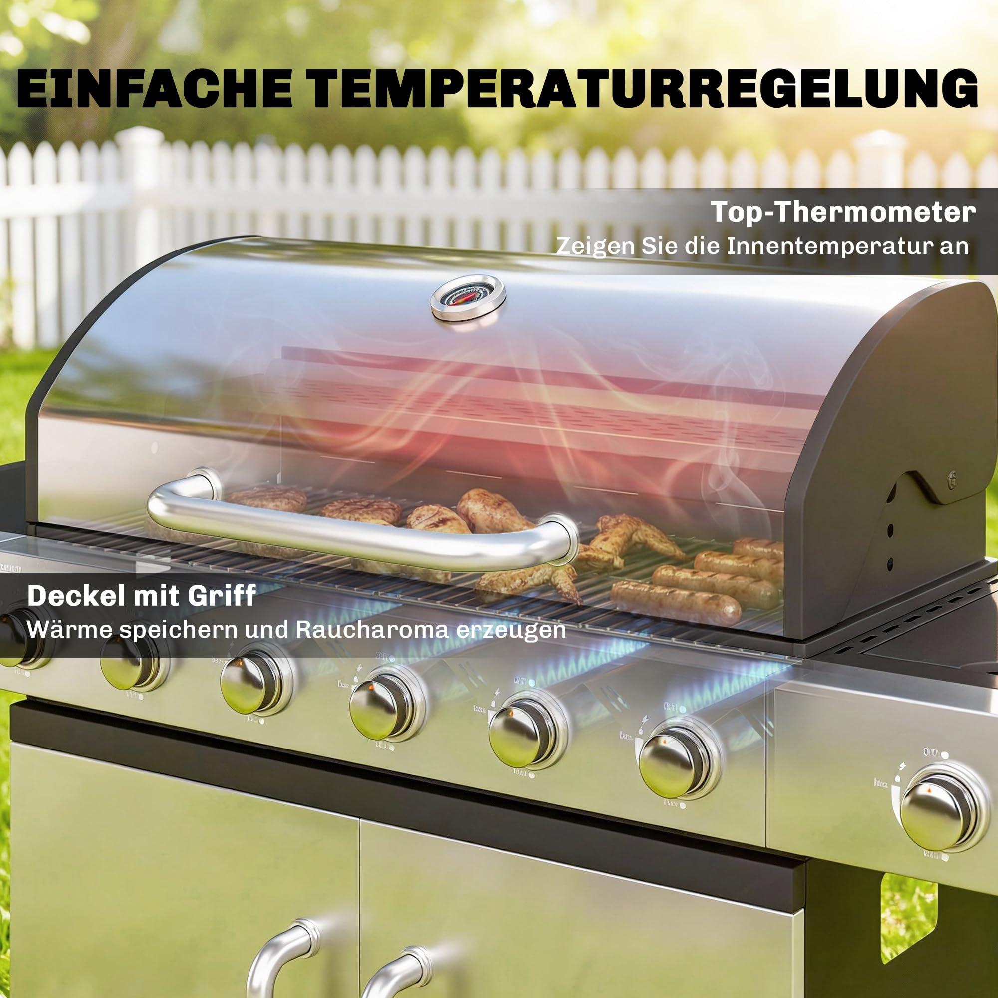 Outsunny Gasgrill 18,6 KW 6+1 Brenner BBQ Grillwagen aus Edelstahl inkl Rolle Seitenbrenner Thermometer Gusseisen-Grillrost Warmhalterost Seitentisch Unterschrank Gas-Grill für Balkon BBQ Party
