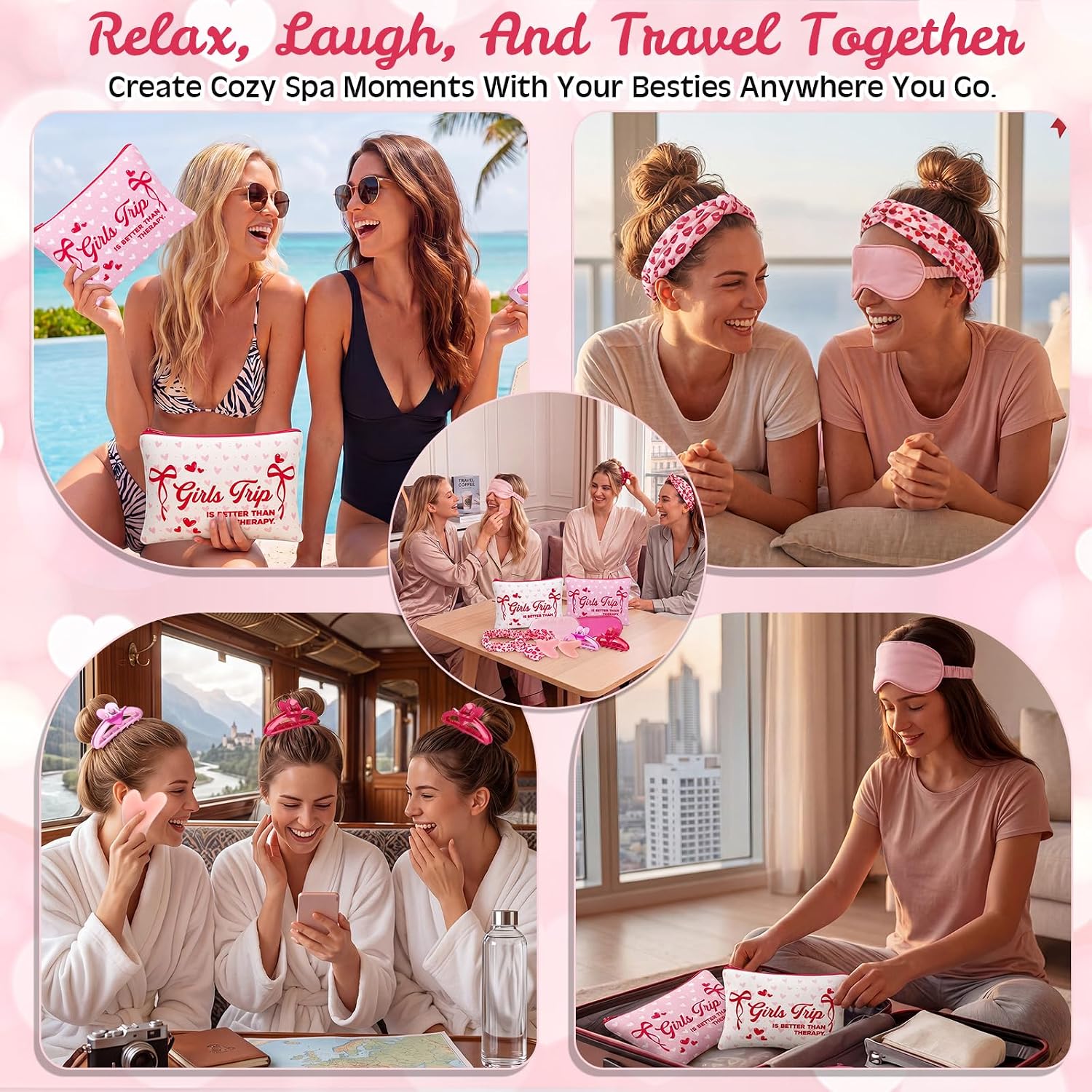 Shinylin 30 Pcs/ 6 Sets Girl Trip Gifts Favors for Women 2026 Girls Weekend Gifts Travel Makeup Bag Eye Mask Spa Gua Sha Tool Hair Clips Headband Friendship Weekend Party Gift for Bestie Friend Sister