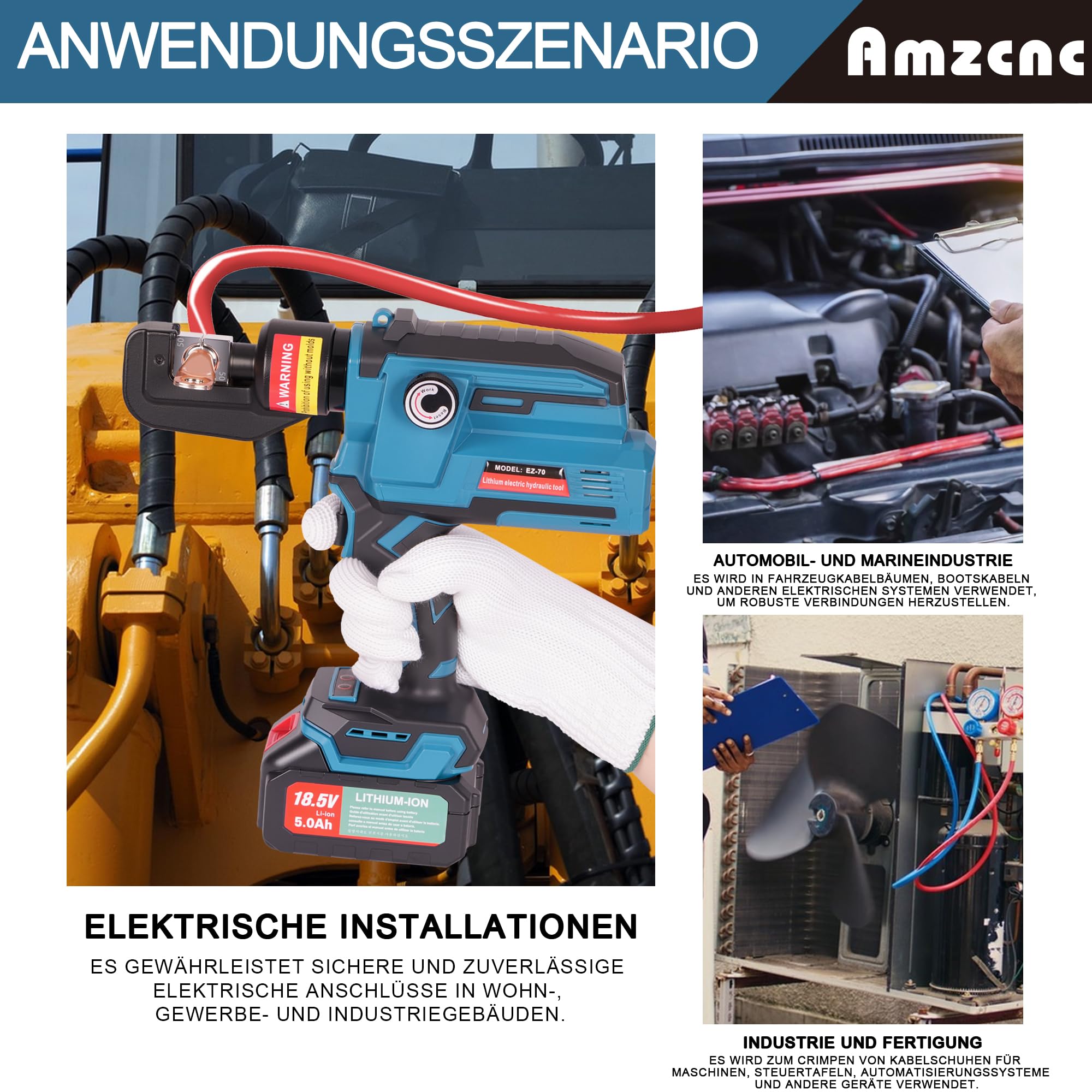 AMZCNC Pinza di crimpatura idraulica ricaricabile, crimpatrice elettrica con 8 matrici 4 6 10 16 25 35 50 70mm² 2 batterie e caricatore per cavi