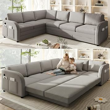 115 L-Shaped Sectional Sleeper Sofa Bed, 6-Seater Pull-Out Couch Bed with Comfy Teddy Fabric, USB Ports, Modular 3-in-1 Convertible Sleeper Couch for Living Room, Apartment, Light Grey
