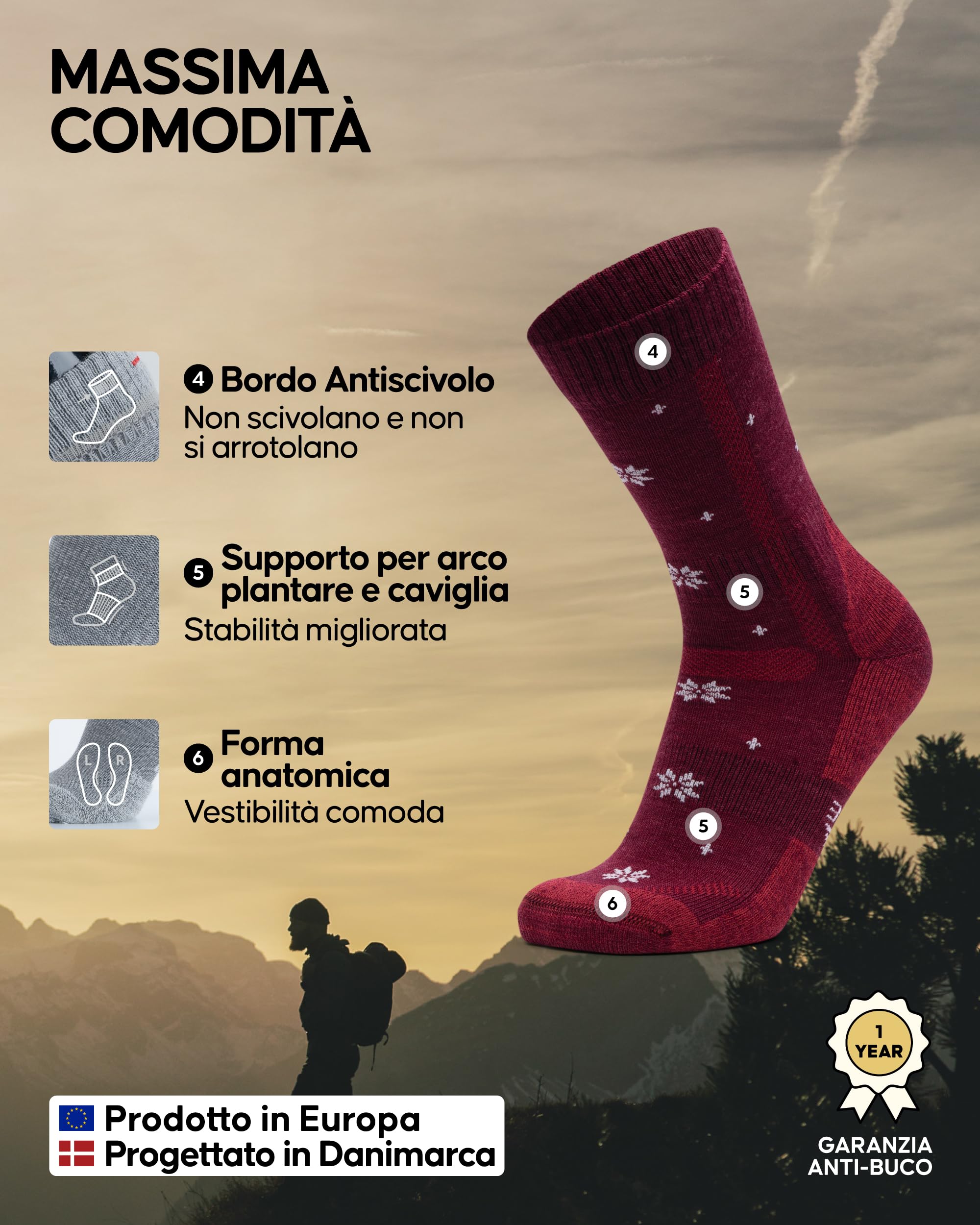 DANISH ENDURANCE Calze Trekking in Lana Merino, Anti-Vesciche, Calzini Escursionismo da Uomo, Donna, Bambino, 3 Paia