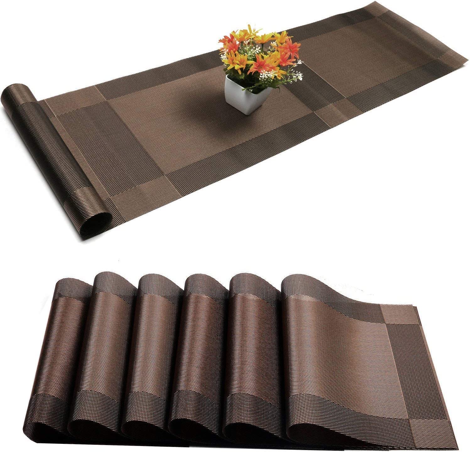 WOODTULA Table Mats Set of 6 for Kitchen Dining Table with Runner - Washable PVC Placemats - Woven Vinyl Placemat - Table Runner (6-Piece Placemat, 1-Piece Runner, Brown)