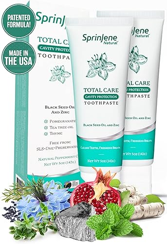 SprinJene Pasta de dientes natural sin flúor para dientes y encías limpios y fuertes, aliento fresco y ayuda a secar la boca. Pasta de dientes