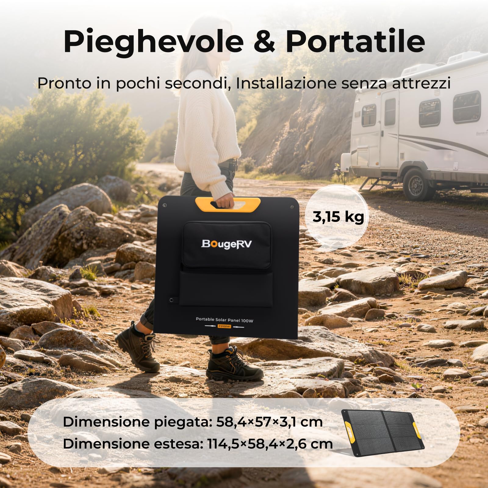 BougeRV 100W Pannello Solare Pieghevole, 25% Efficienza N-Typ, Per Batterie 173Wh/277Wh, Modulo Solare Mobile In Fibra Di Vetro, IP65, Per Stazione Energetica, Camping, Esterno, Giardino