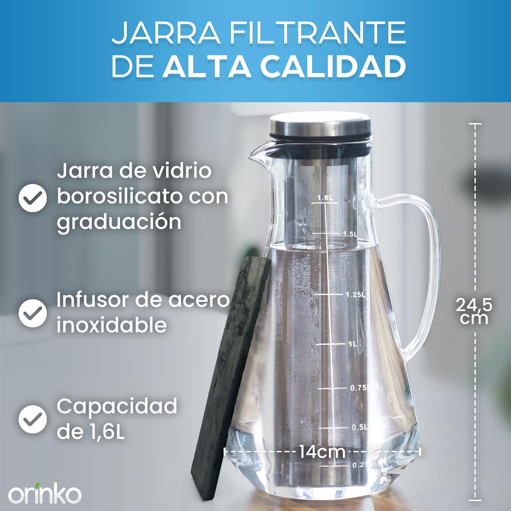 ORINKO Jarra filtrante de cristal 1,6 L + carbón Takesumi japonés x2 - carbón activado vegetal para purificación natural agua - filtración natural potente 2,5 L/palo - bambú japonés auténtico