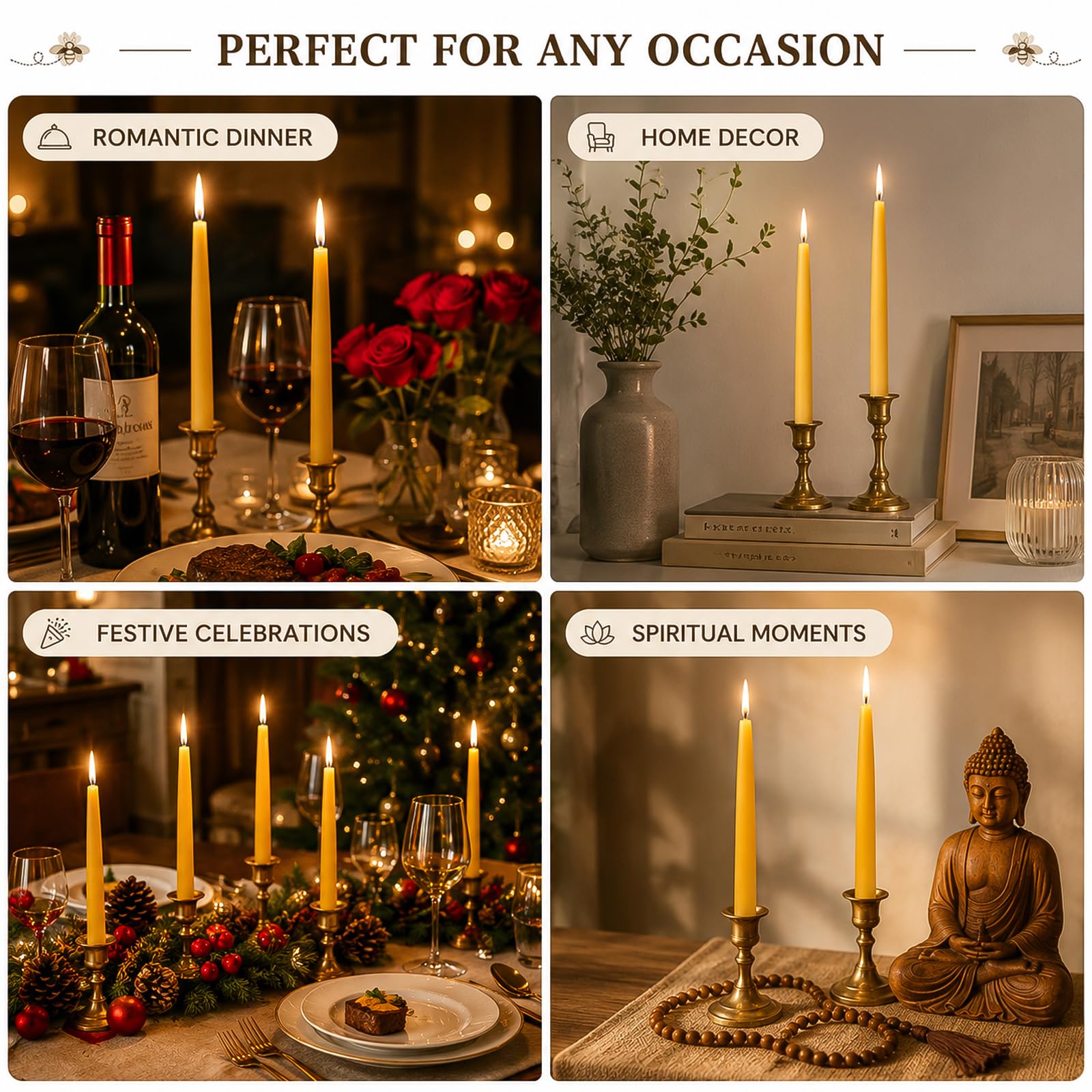 16 paquetes de velas cónicas de cera de abeja de 9 pulgadas, velas de cera de abeja totalmente natural, 10 horas de tiempo de combustión, velas cónicas sin humo y sin goteo para decoración de mesa