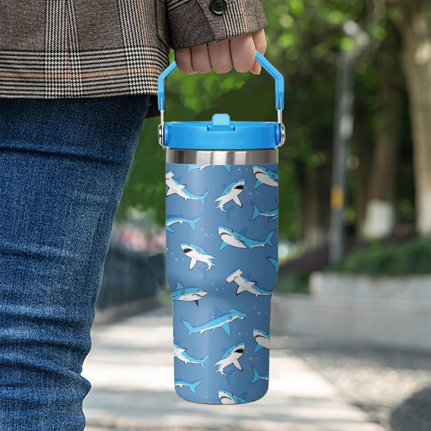 30oz Shark Tumbler with Handle and Flip Straw, Stainless Steel Insulated Cup, Travel Coffee Mug Water Bottle, Birthday Mothers Day Chritmas Gifts for Women Animal Lovers - Image 7
