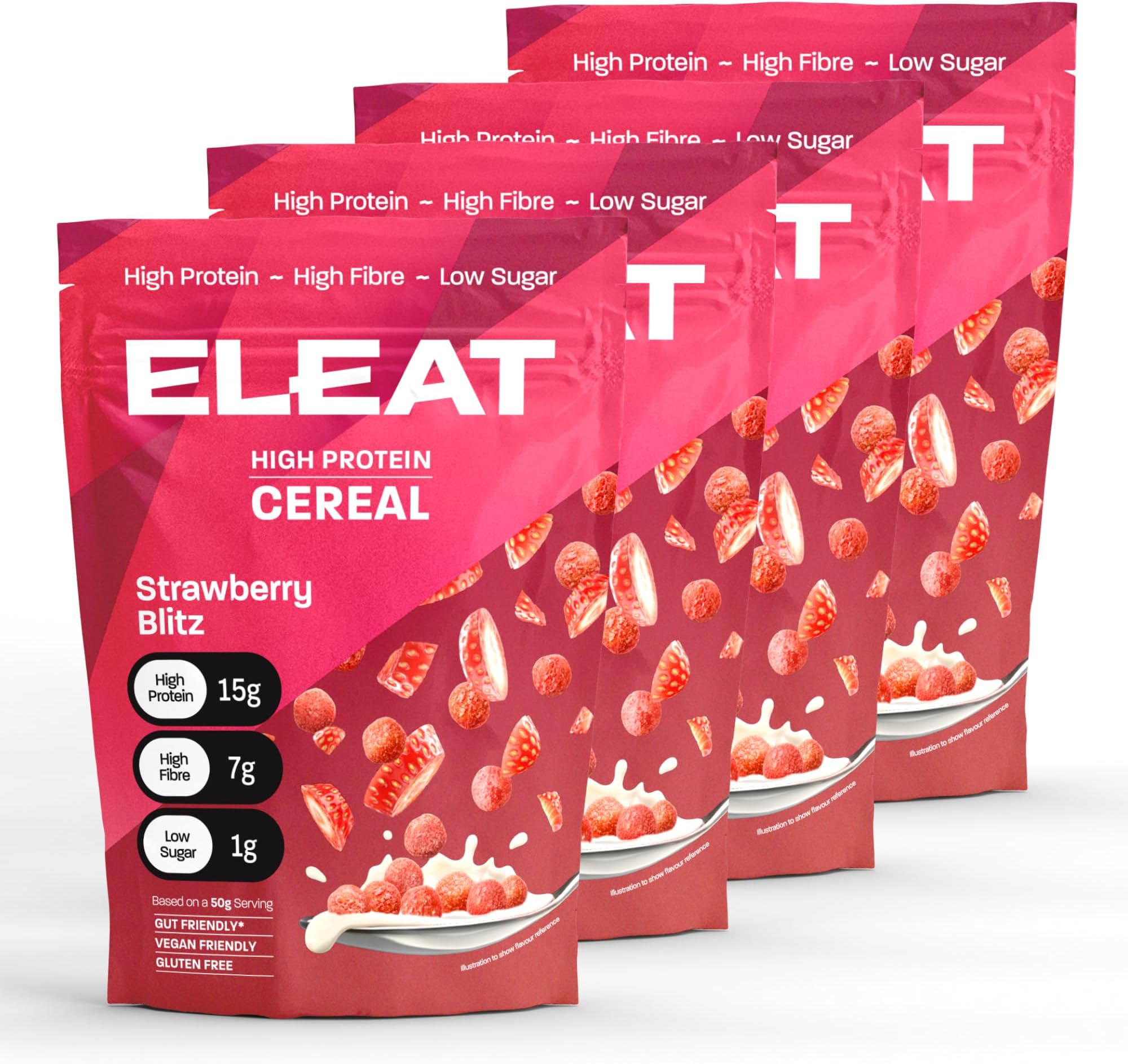 ELEAT Protein Cereal Multi-Pack 4 x 250g Pouches - Strawberry Blitz Healthy Cereal, Pre & Post Workout High Fibre Good Bacteria Amino Acids Low Sugar, Vegan, Gluten-Free, 1000.0 gram, Pack of 1