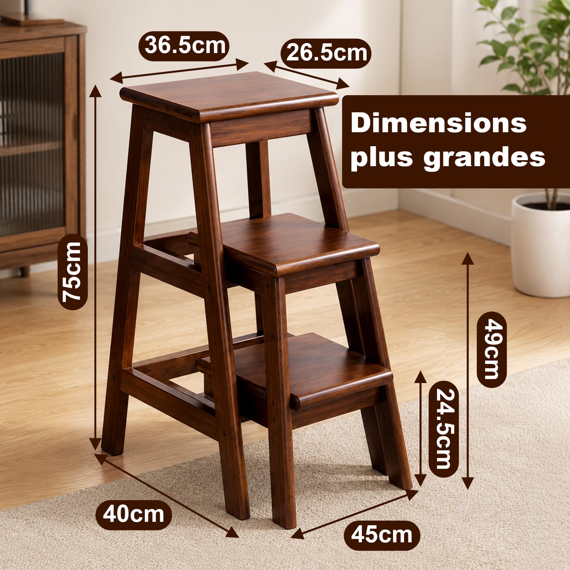 Escabeau Pliable À 3 Marches en Bois Tabouret Échelle 3 en 1, Pédales Antidérapantes Agrandies Compartiment De Rangement Multifonctionnel Support À Fleurs pour Cuisine Bibliothèque Garage Escabeau