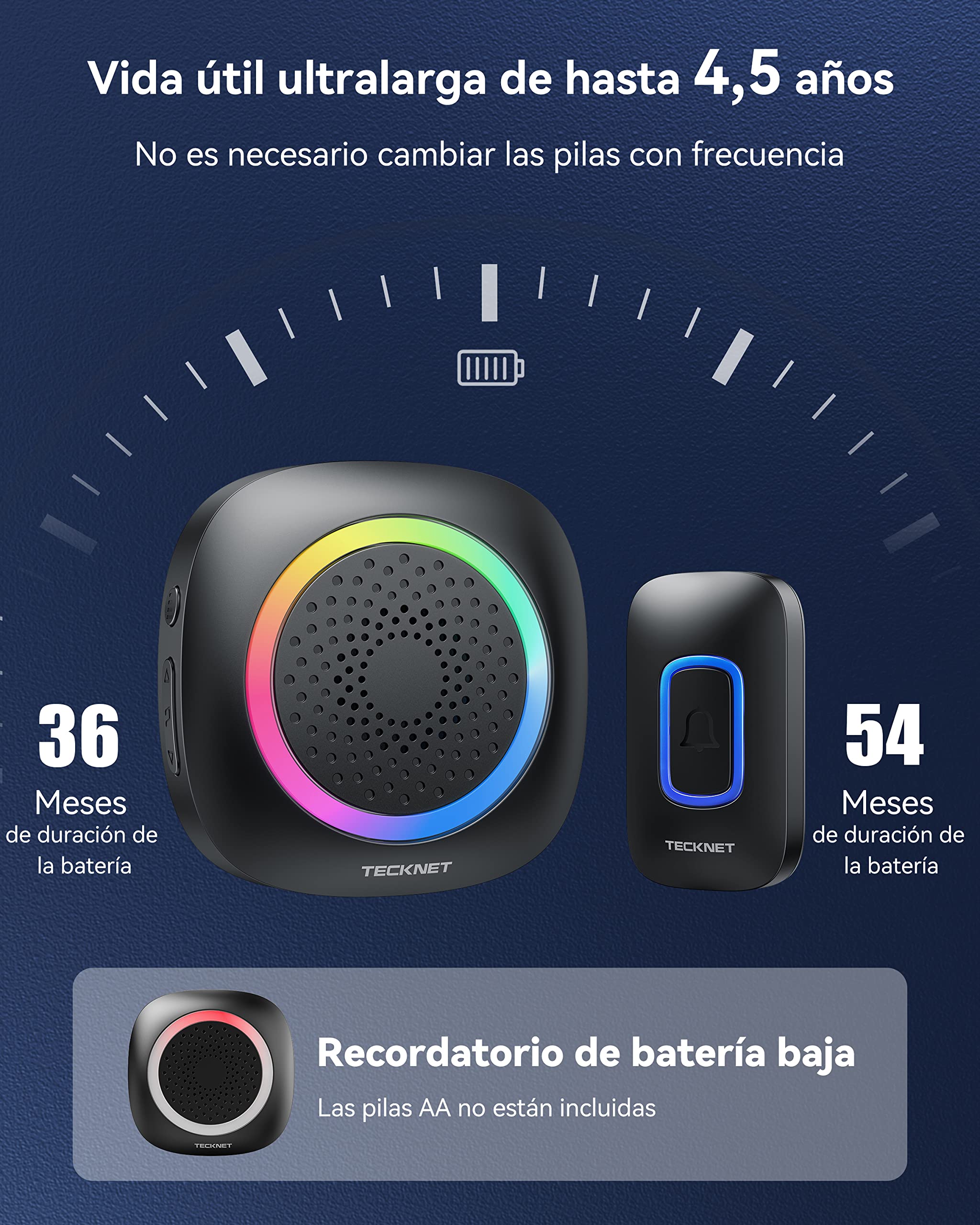 TECKNET Timbre Inalámbrico Funciona con Pilas, 400M Alcance RGB Timbre Inalámbrico Exterior Impermeable IP66, 5 Niveles de Volumen (0-110dB) y 60 Melodías para Hogar/Hotel/Oficina/Emergencia, etc