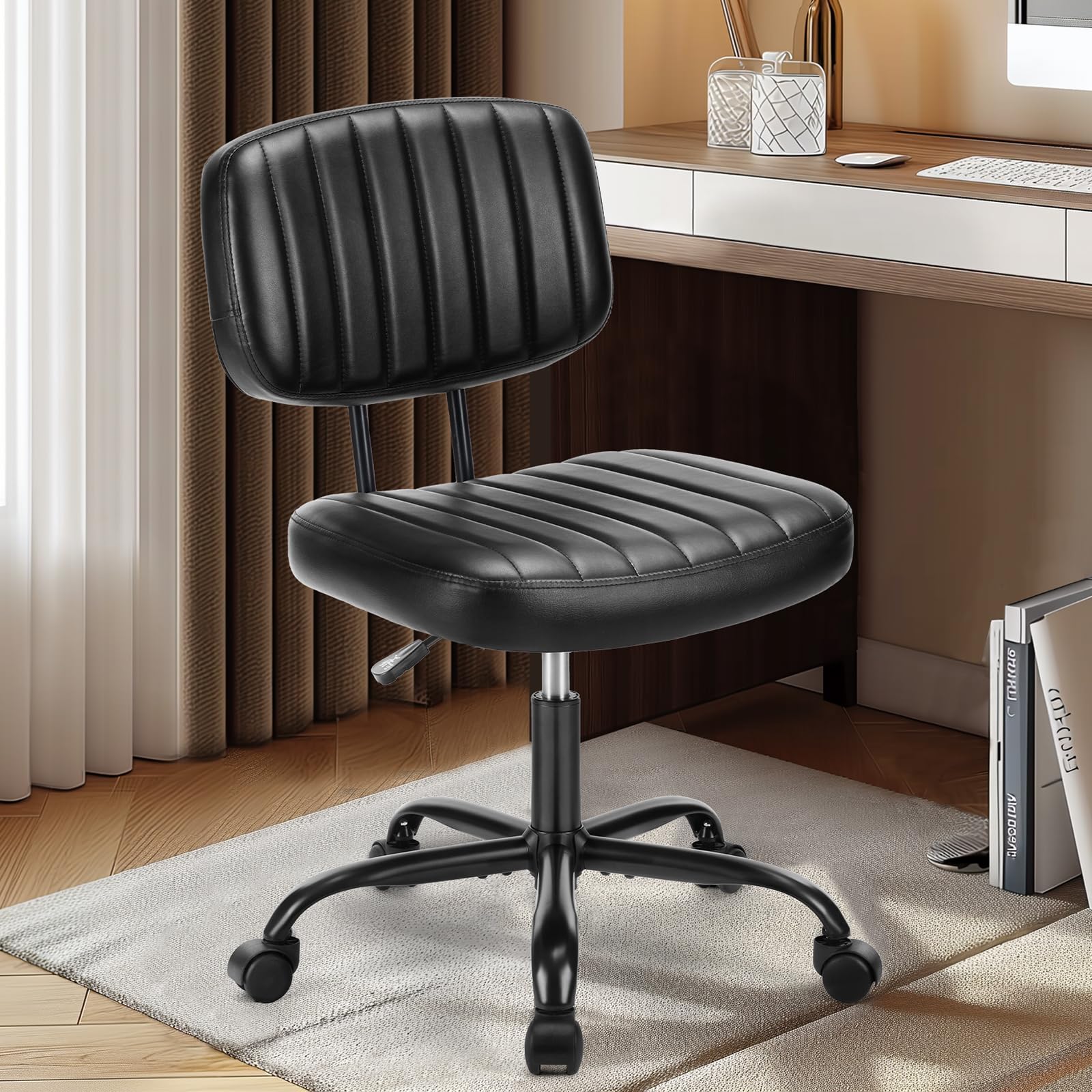 DUMOS Armless Home Office Desk Chair -Small Ergonomic with Low Back Lumbar Support, Height Adjustable PU Leather Computer Task with 360deg Swivel Rolling Wheels, for Small Space, Black