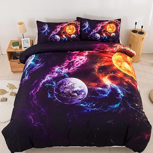 Galaxy Planet Printed Duvet Cover Set Soft Microfiber Bedding Set for Adults Teenager Kids 3Pcs with Zipper Closure for Home Decoration (Double, 200x200cm)