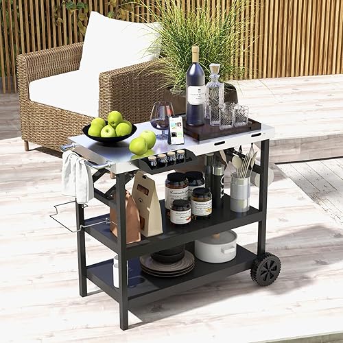 Miniatura 3 de Giantex Carrito de parrilla al aire libre con ruedas, mesa de preparación de alimentos con 3 estantes de almacenamiento, estante de especias