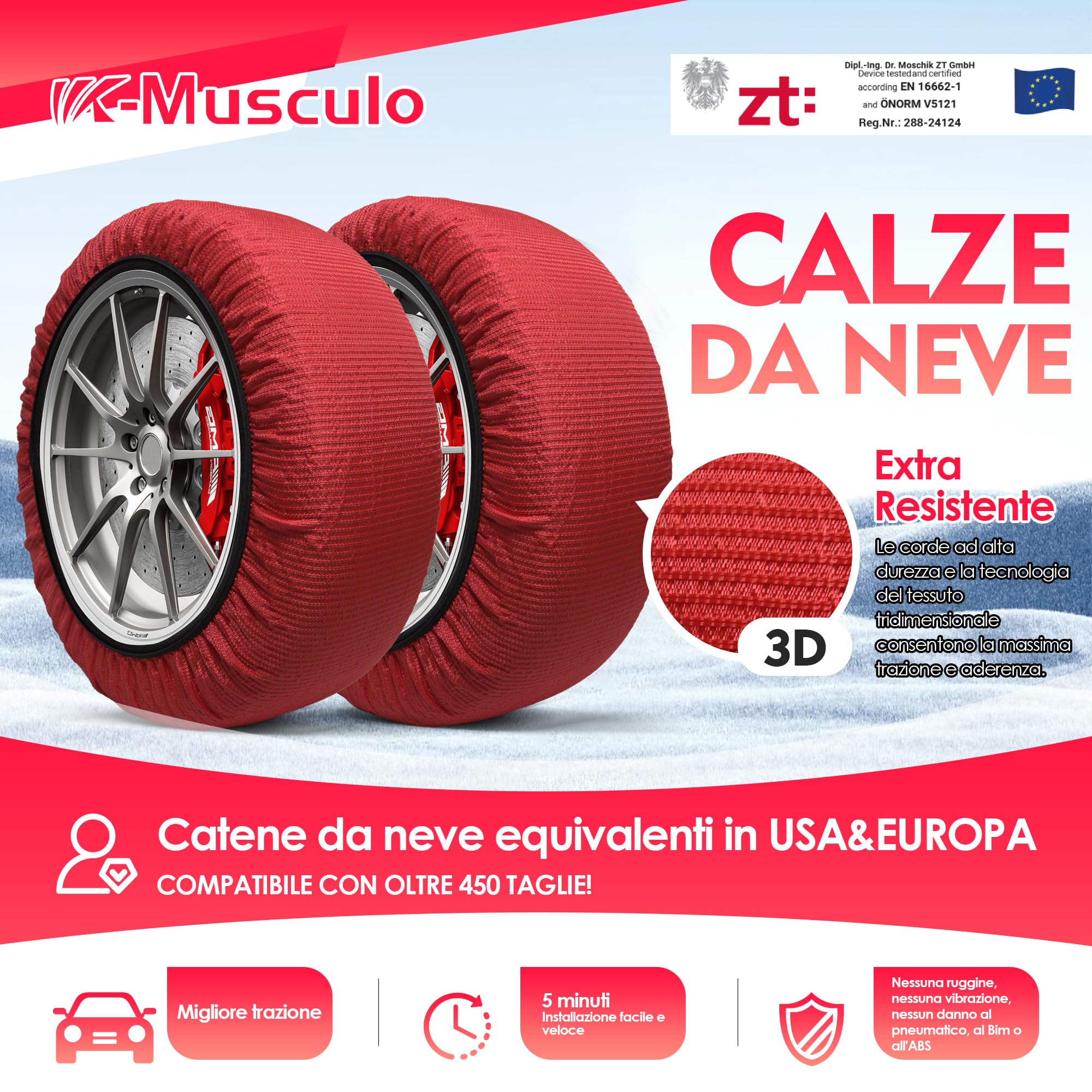 Set di 2 Catene di Scorrimento Per Auto in Tessuto,Coni pieghevoli per il traffico, buona presa, testata e certificata secondo la normativa EN 16662-1 (Rossi)-XXL
