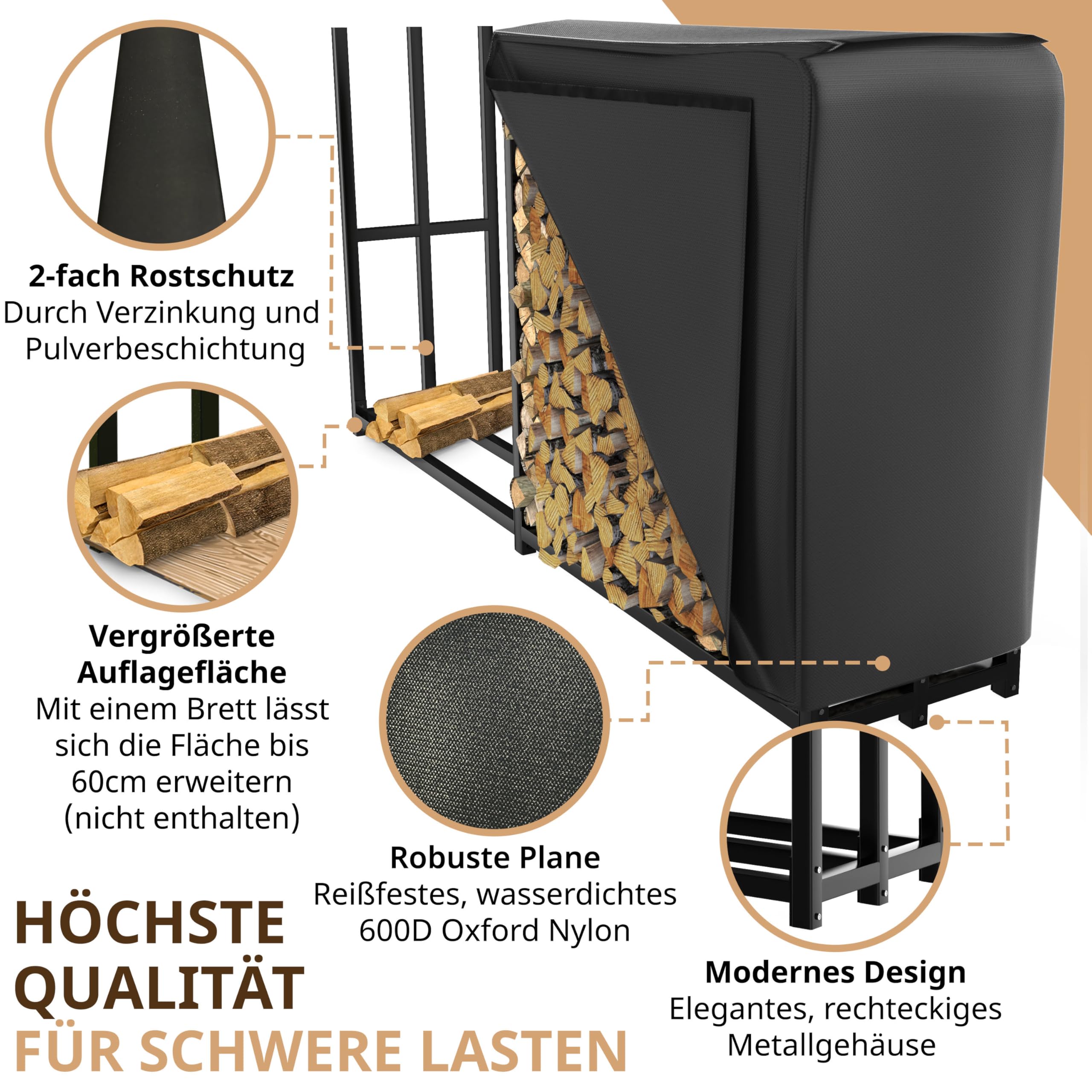 LAWA Kaminholzregal Metall verzinkt 223x50x115 cm schwarz | aussen, 61cm Abdeckplane, wetterfest, Feuerholzregal Garten, Stapelhilfe für Brennholz mit Abdeckung, 25cm I 30cm Holzscheite