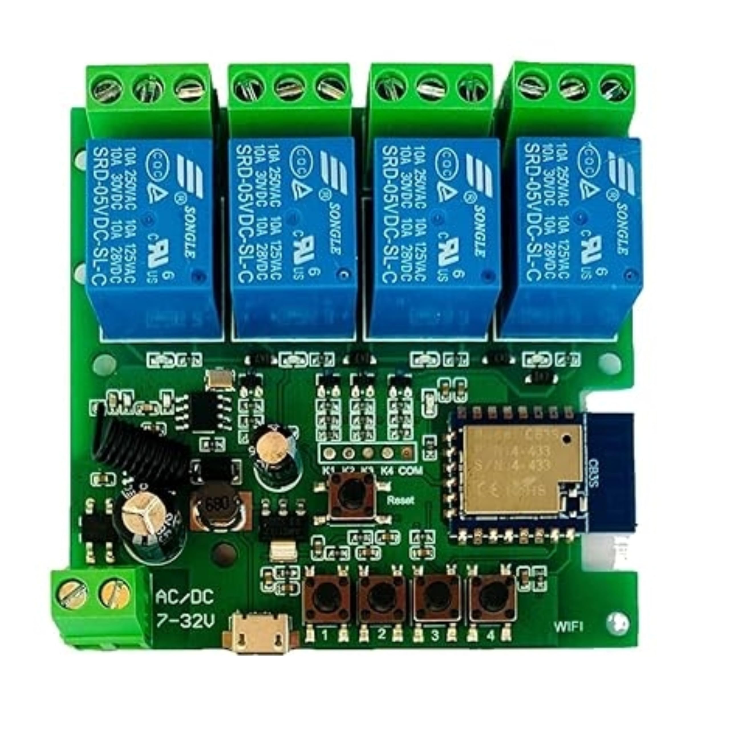 Tuya 4CH Smart Life WiFi Momentary Inching Relay Self-Locking Switch Module,DC/AC 7-32V/USB 5V WiFi RF Bluetooth Relay, Compatible with Alexa Goolge Home