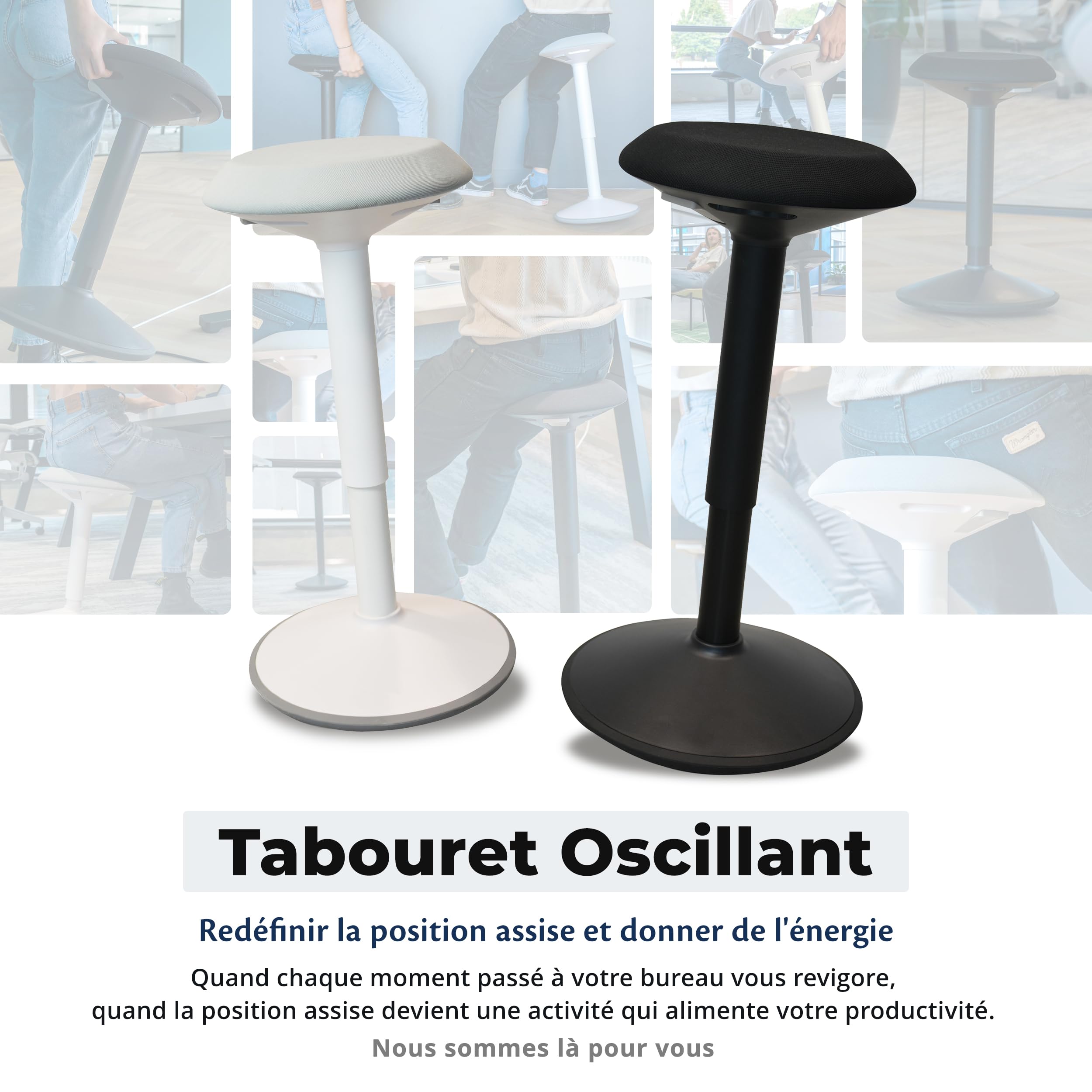 Backerz Tabouret Ergonomique à Bascule - Chaise Va-et-Vient Hauteur Réglable 55 à 80cm - Siège Actif Compact - Maison, Bureau, École - Coussin en Mousse, Revêtement en Lin Hydrofuge - Blanc Mat