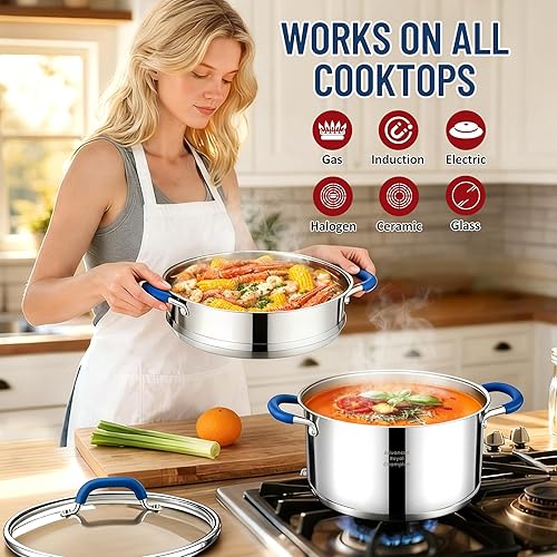 Miniatura 4 de ARC Olla de acero inoxidable de 6 cuartos con cesta de vapor, olla de vapor múltiple con tapa de vidrio templado para cocinar, utensilios de cocina