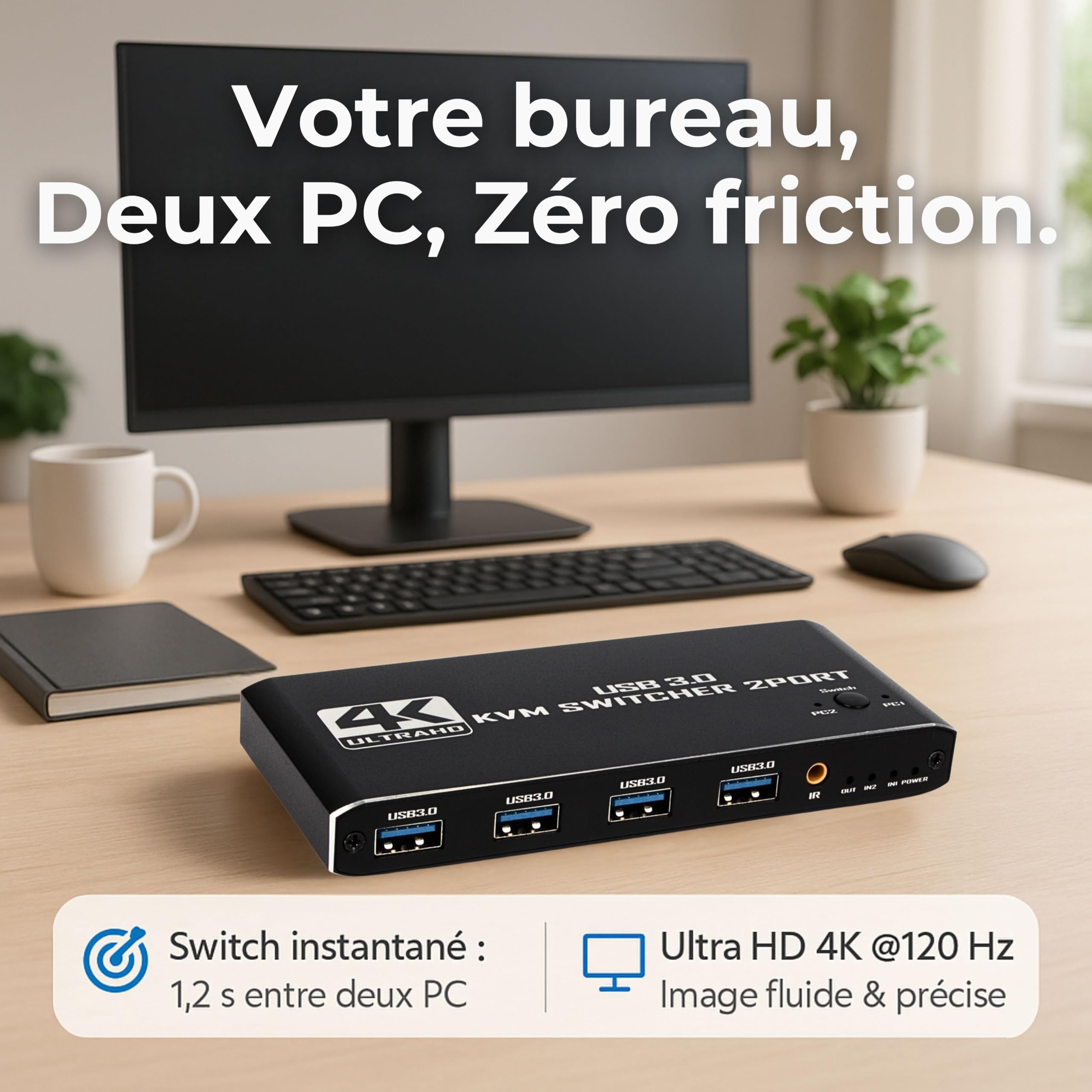 KVM Switch HDMI 4K 120 Hz – Pack Câbles & Adaptateurs Inclus – Commutateur KVM 2 PC 1 Écran USB 3.0 | Boîtier Aluminium Noir Mat Compact 12 cm | Compatible Windows/macOS / PS5 | Plug&Play 0 Latence