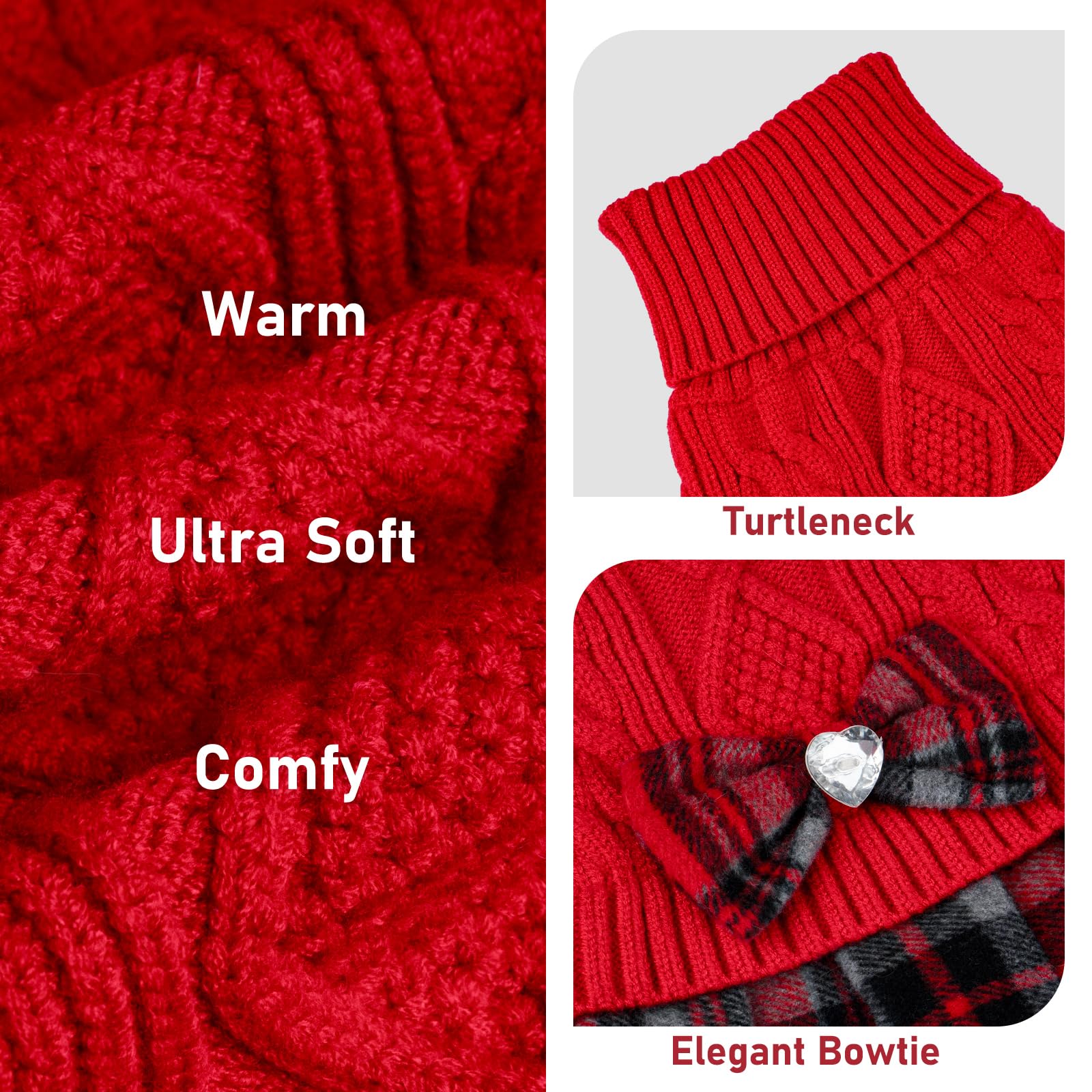 KYEESE Hundepullover Kleid mit Fliege Kariert Rollkragen Hunde Pullover für kleine Hunde Warm Pet Sweater Strickwaren Rot