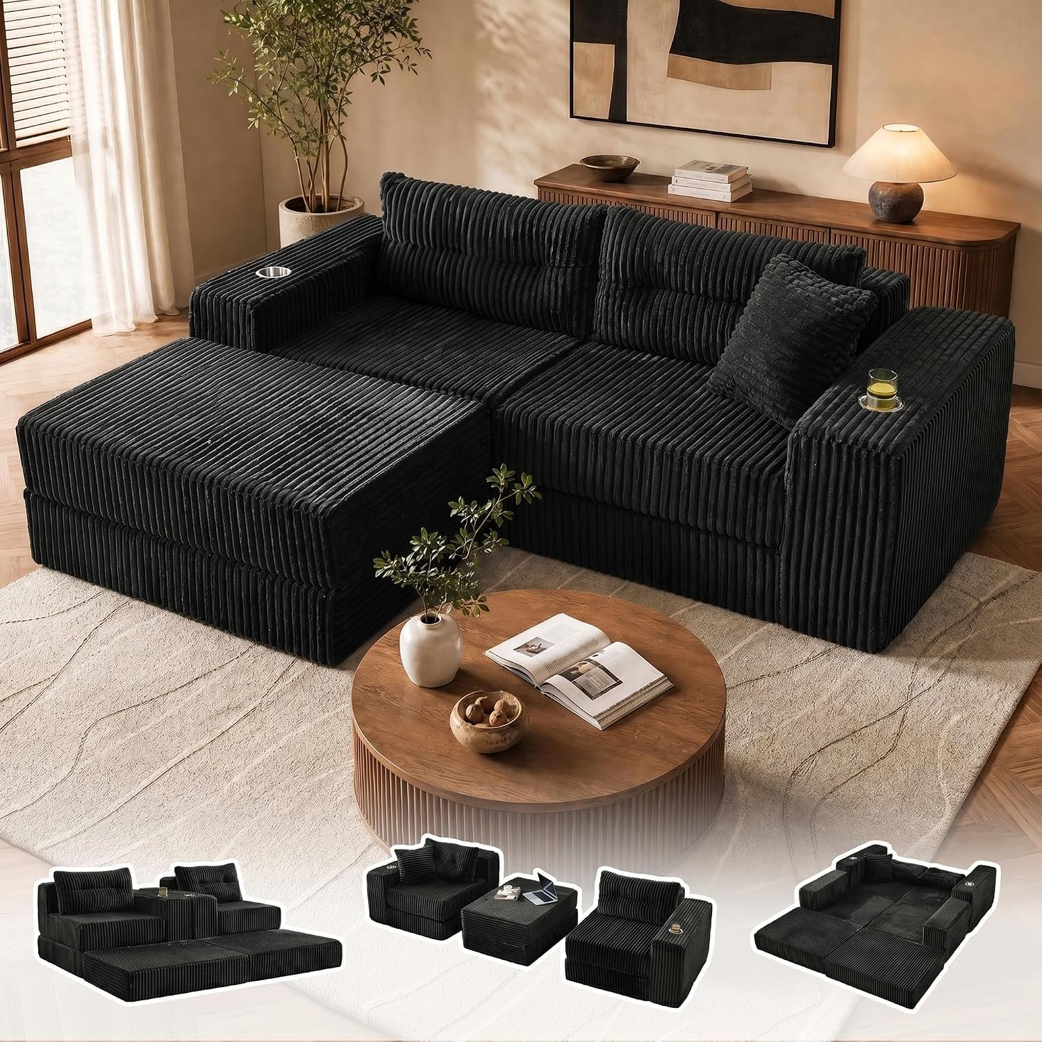 GRAVFORCE Modulares Schlafsofa 204cm L-Form Ecksofa mit Schlaffunktion