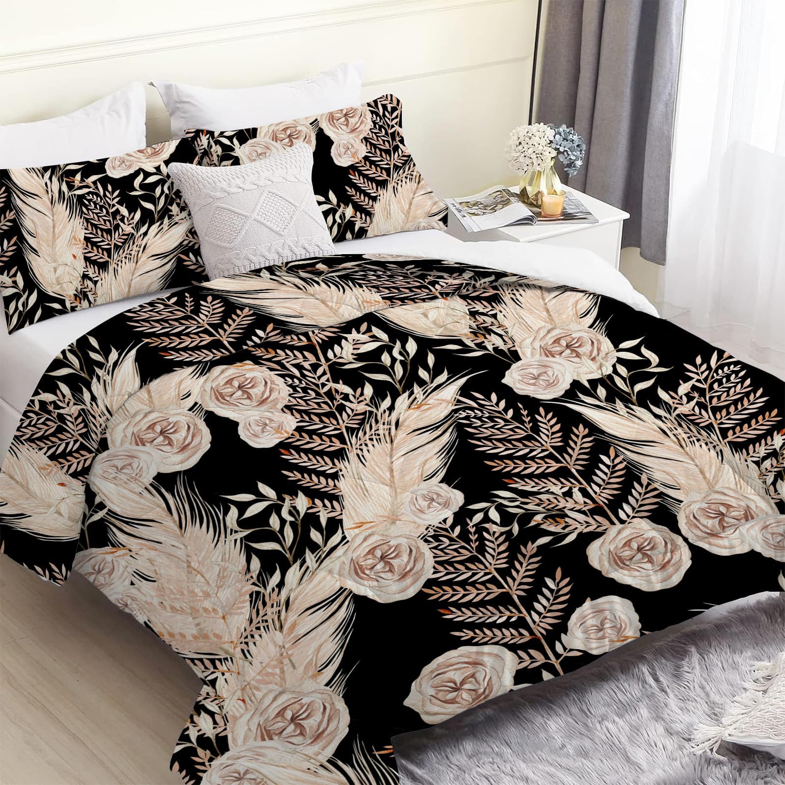 Linfye Black Bohemia King Size Duvet, Reversible Coverless Gold Floral Branches Duvet King Size, Anti Allergy Bed Quilt King 7.5 Tog for All Seasons - 1 Soft Comforter Bedding with 2 Pillowcases