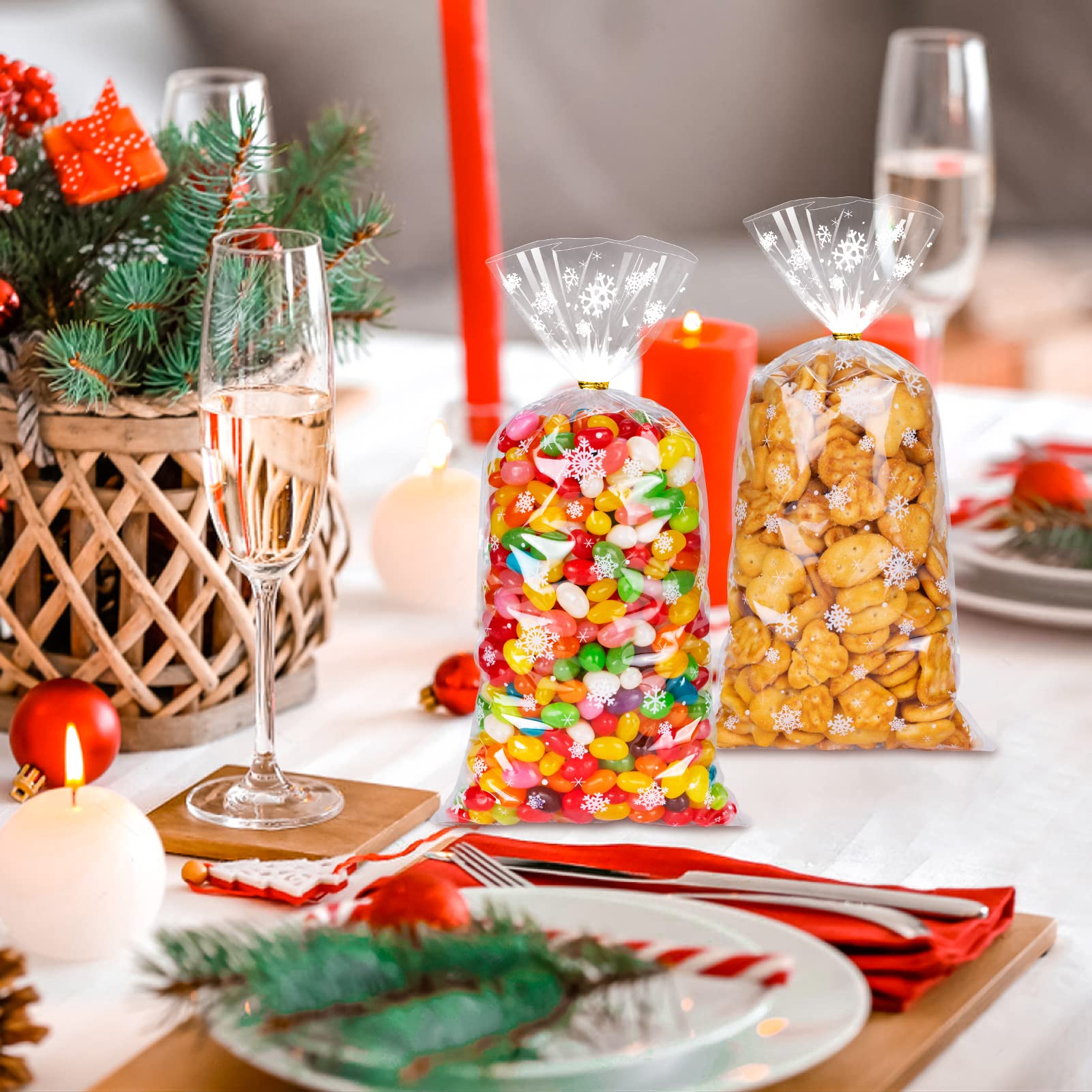 MELLIEX 50 Sacchetti Biscotti Natale Con Fiocchi Di Neve - Bustine Regalo In OPP Alimentare, 27x13 Cm, Con 50 Laccetti - 2