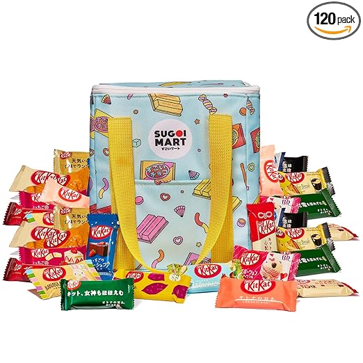 Sugoi Mart Japanese Kitkat Variety Pack - 120 Pcs Mini Kitkats Individually Wrapped Japanese Chocolate Wafer Bars, 7-10 Assorted Flavors with Stylish, Reusable Cooler Bag
